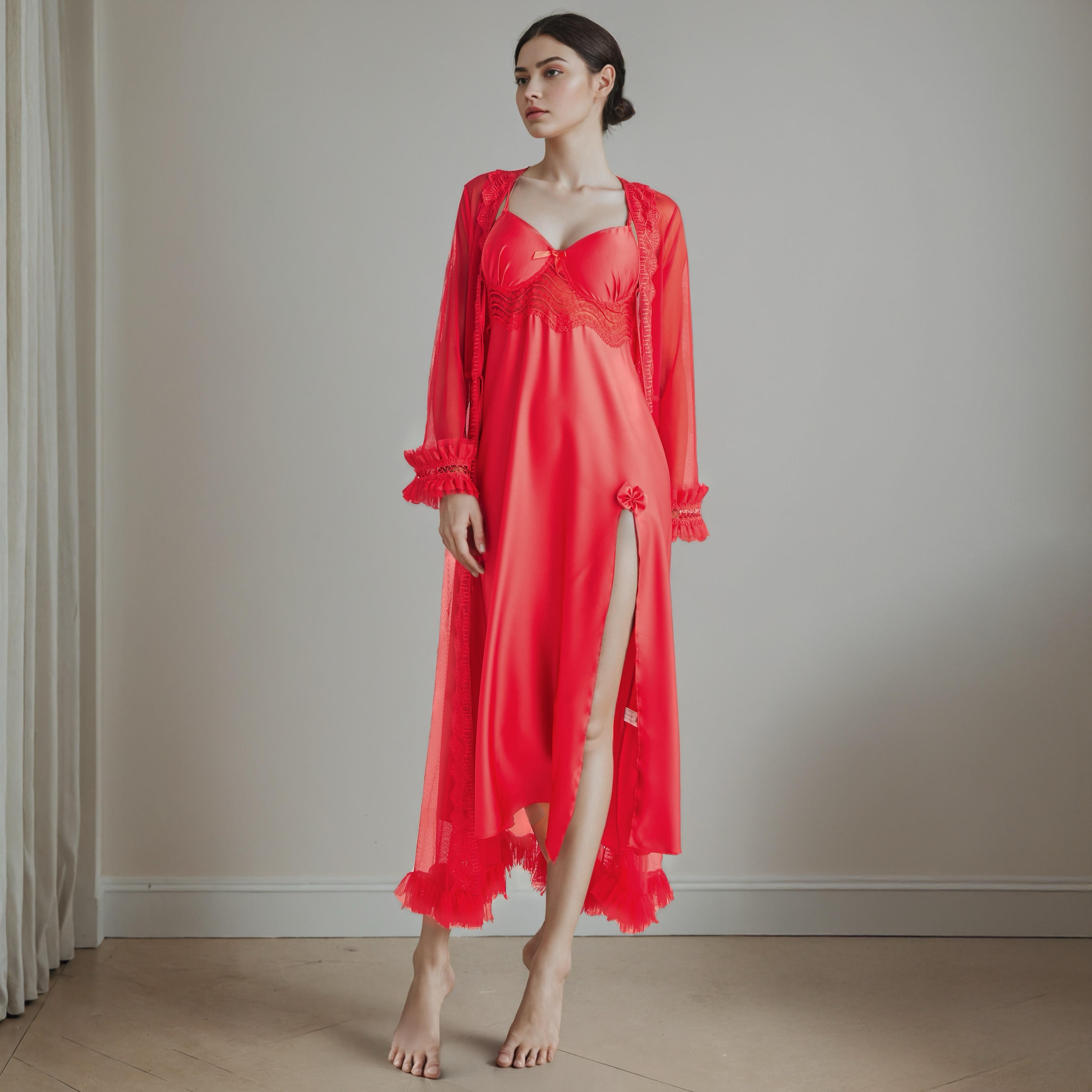 قميص نوم بقصة دانتيل للعرائس مع روب بحزام-women-clothing-nightwear-robes-image-7