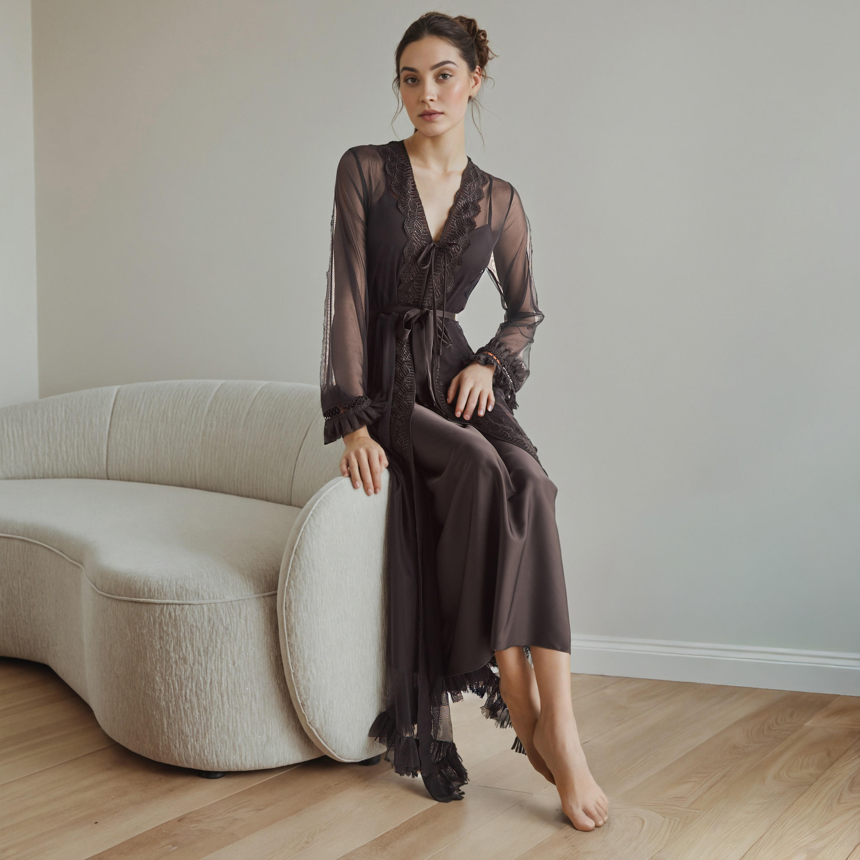 قميص نوم بقصة دانتيل للعرائس مع روب بحزام-women-clothing-nightwear-robes-image-1