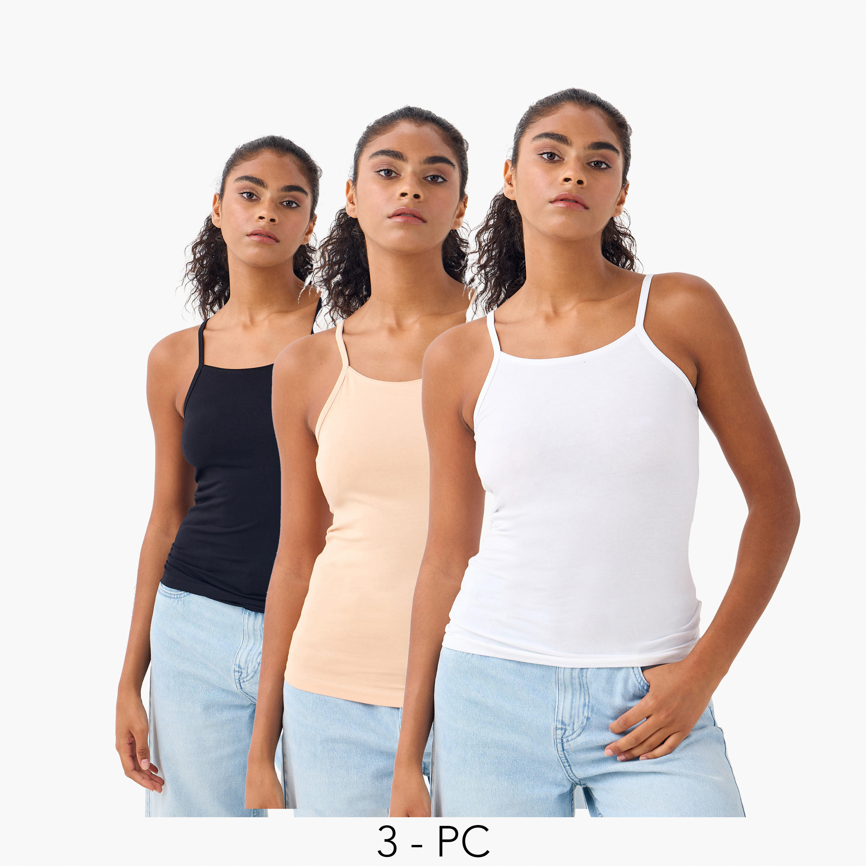 قمصان داخلية بحمالات رفيعة ورقبة واسعة - طقم من 3 قطع-women-clothing-lingerie-camisoles-image-1