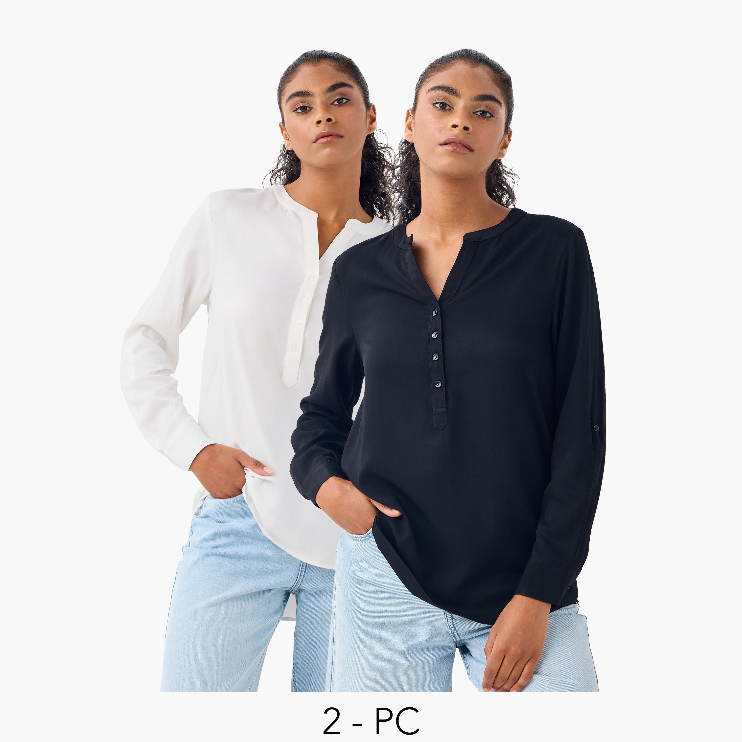 بلوزة بياقة ماندارين وأكمام طويلة وحواف غير متساوية - طقم من 2-women-clothing-shirtsandblouses-blouses-image-1