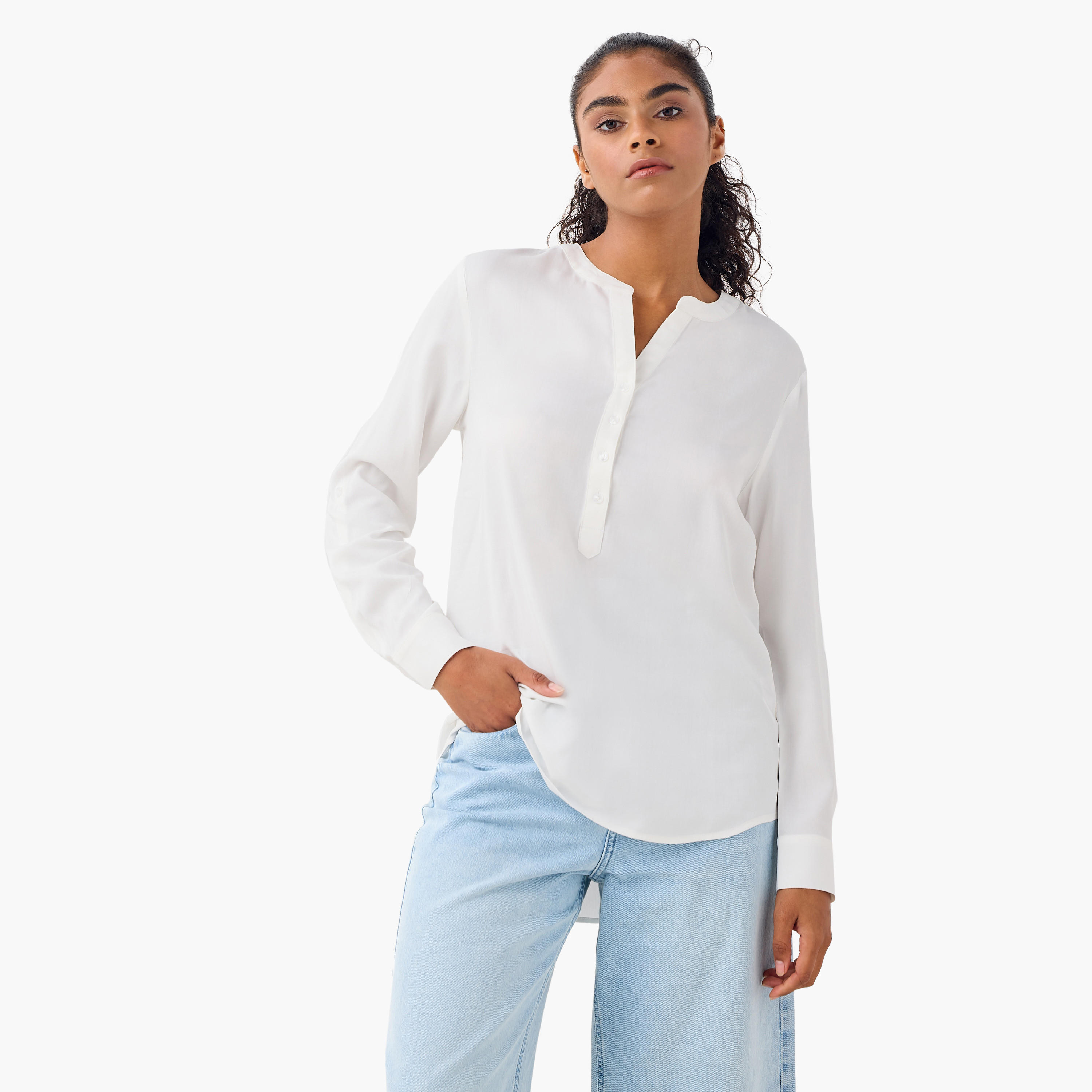 بلوزة بياقة ماندارين وأكمام طويلة وحواف غير متساوية - طقم من 2-women-clothing-shirtsandblouses-blouses-image-11