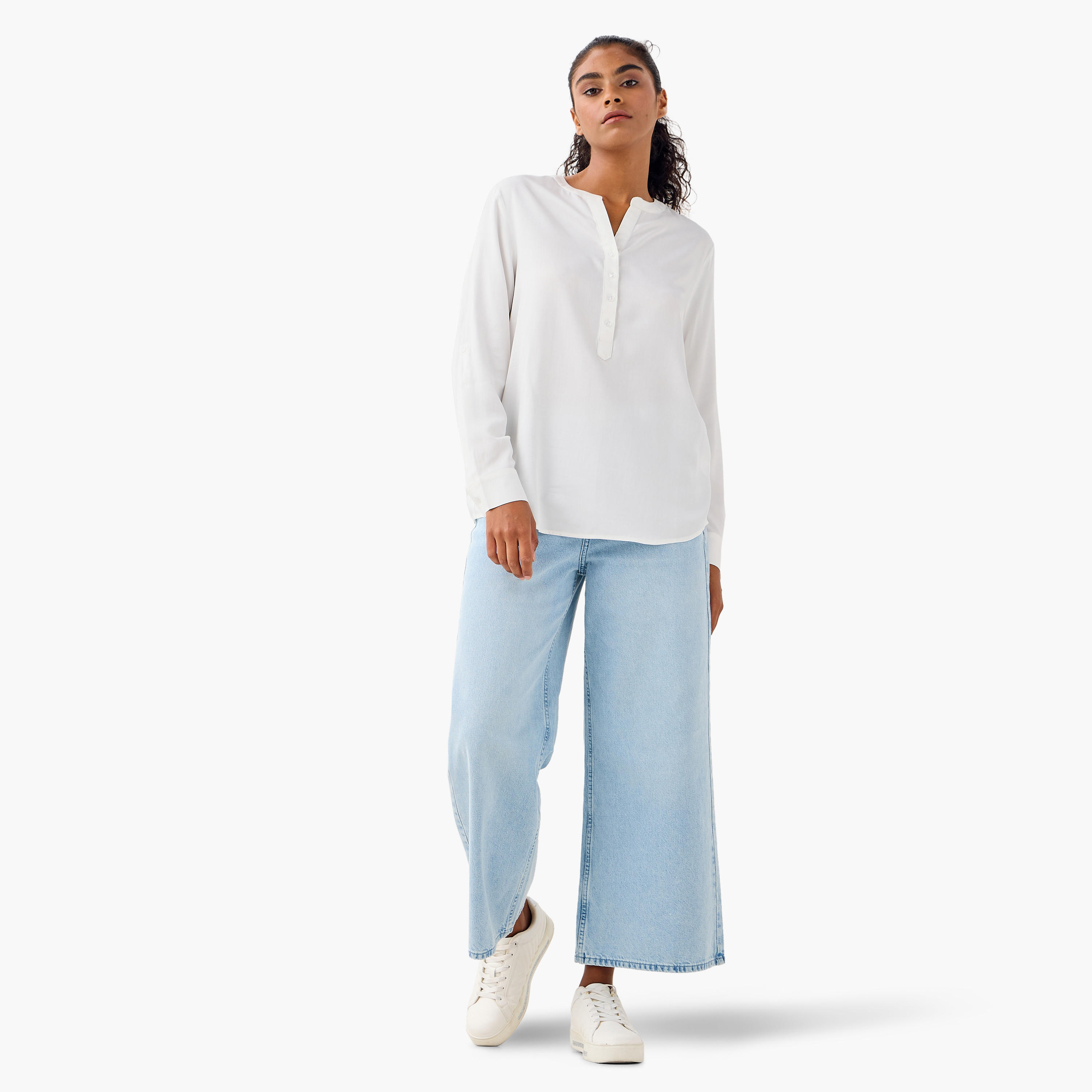 بلوزة بياقة ماندارين وأكمام طويلة وحواف غير متساوية - طقم من 2-women-clothing-shirtsandblouses-blouses-image-2