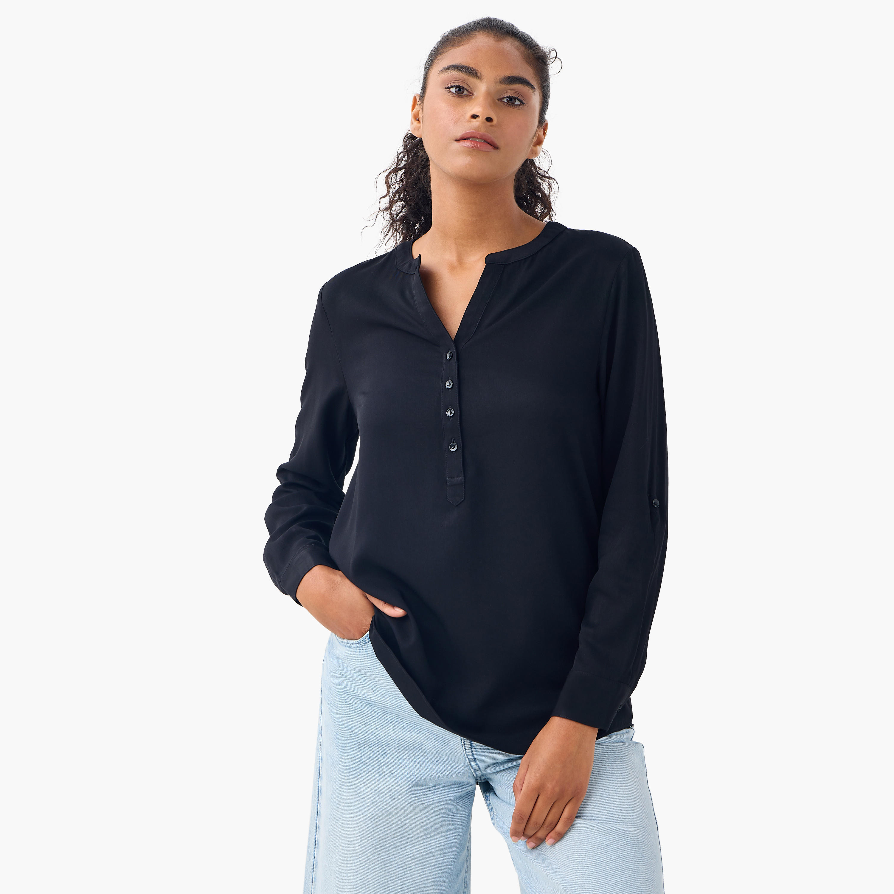 بلوزة بياقة ماندارين وأكمام طويلة وحواف غير متساوية - طقم من 2-women-clothing-shirtsandblouses-blouses-image-3