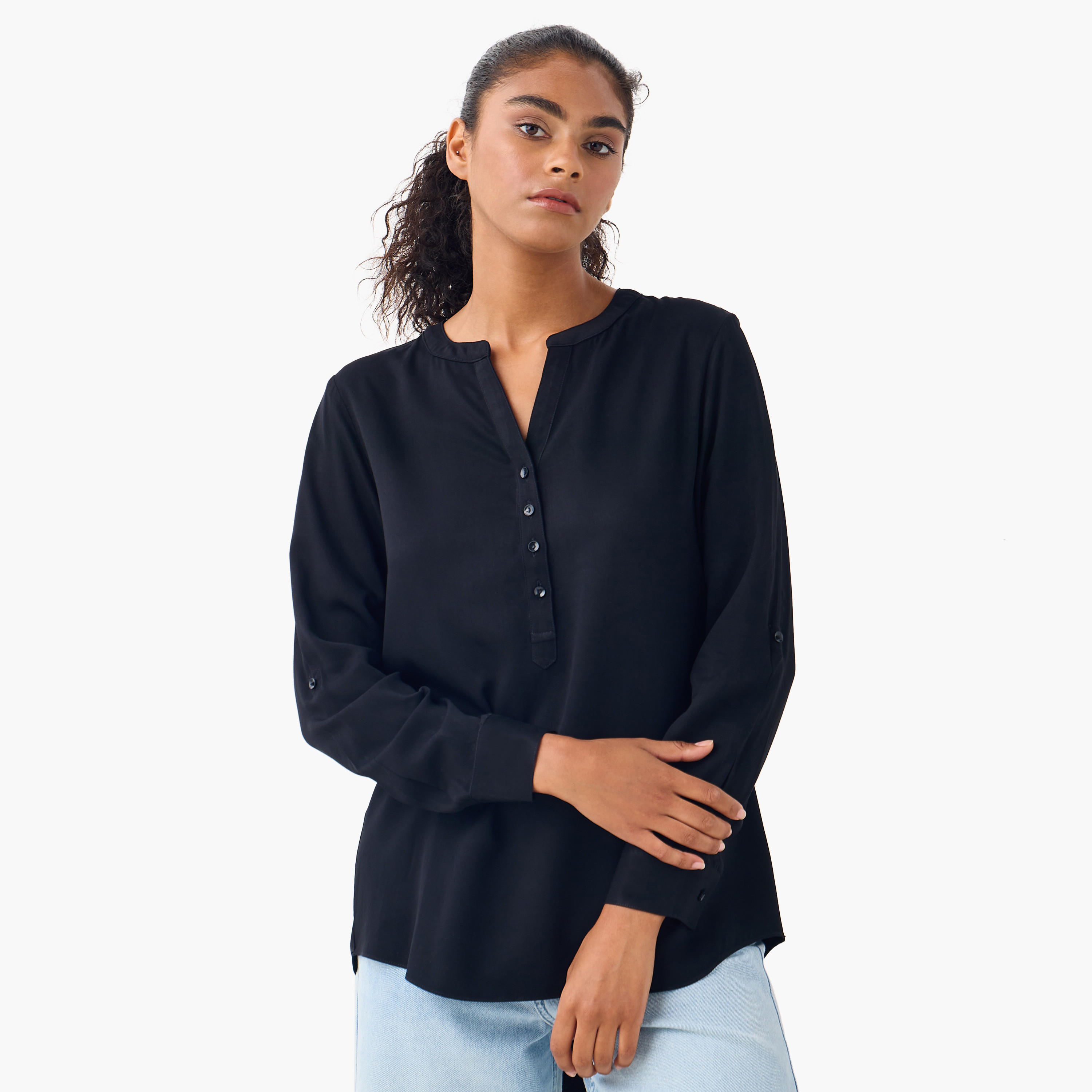 بلوزة بياقة ماندارين وأكمام طويلة وحواف غير متساوية - طقم من 2-women-clothing-shirtsandblouses-blouses-image-6