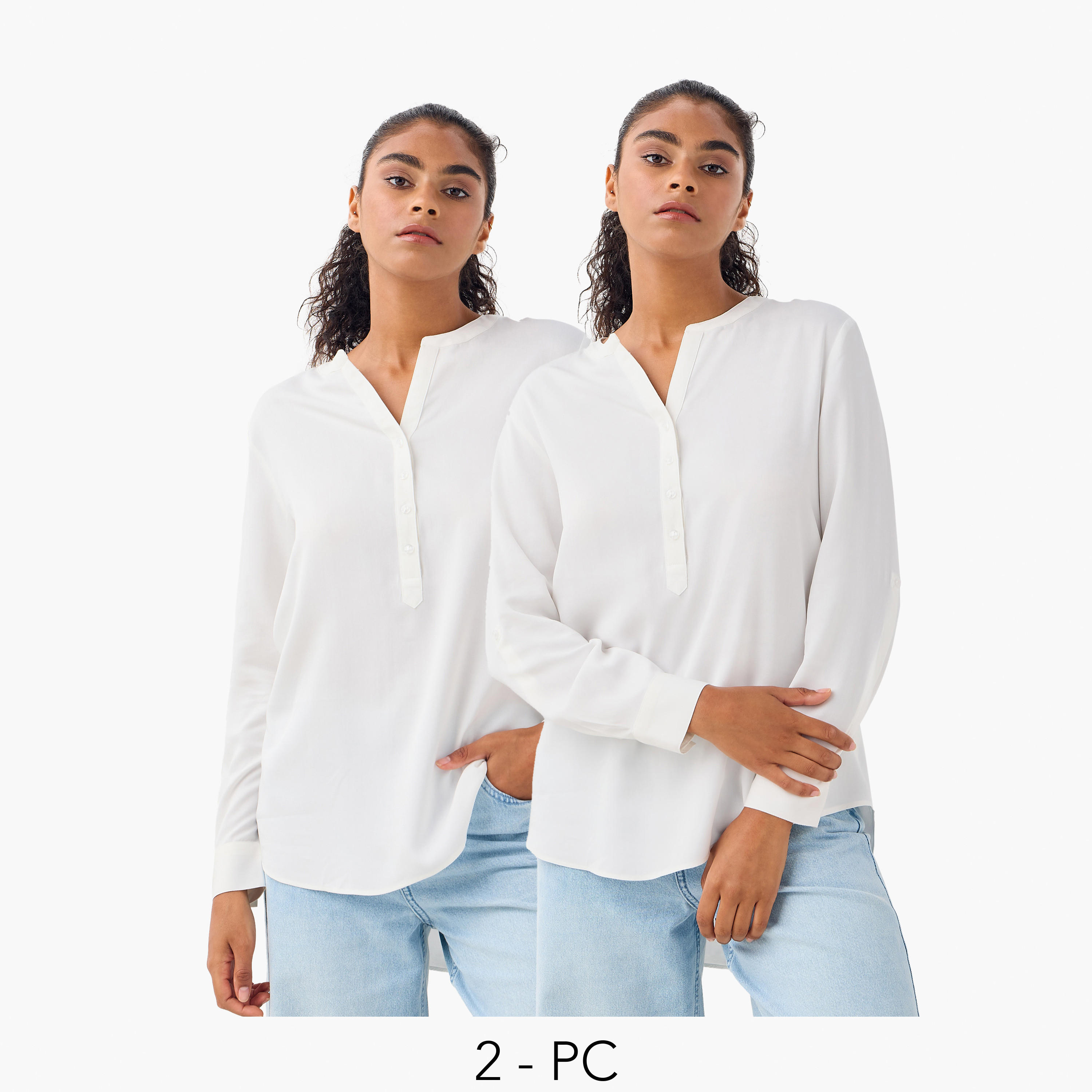 بلوزة بياقة ماندارين وأكمام طويلة وحواف غير متساوية - طقم من 2-women-clothing-shirtsandblouses-blouses-image-1
