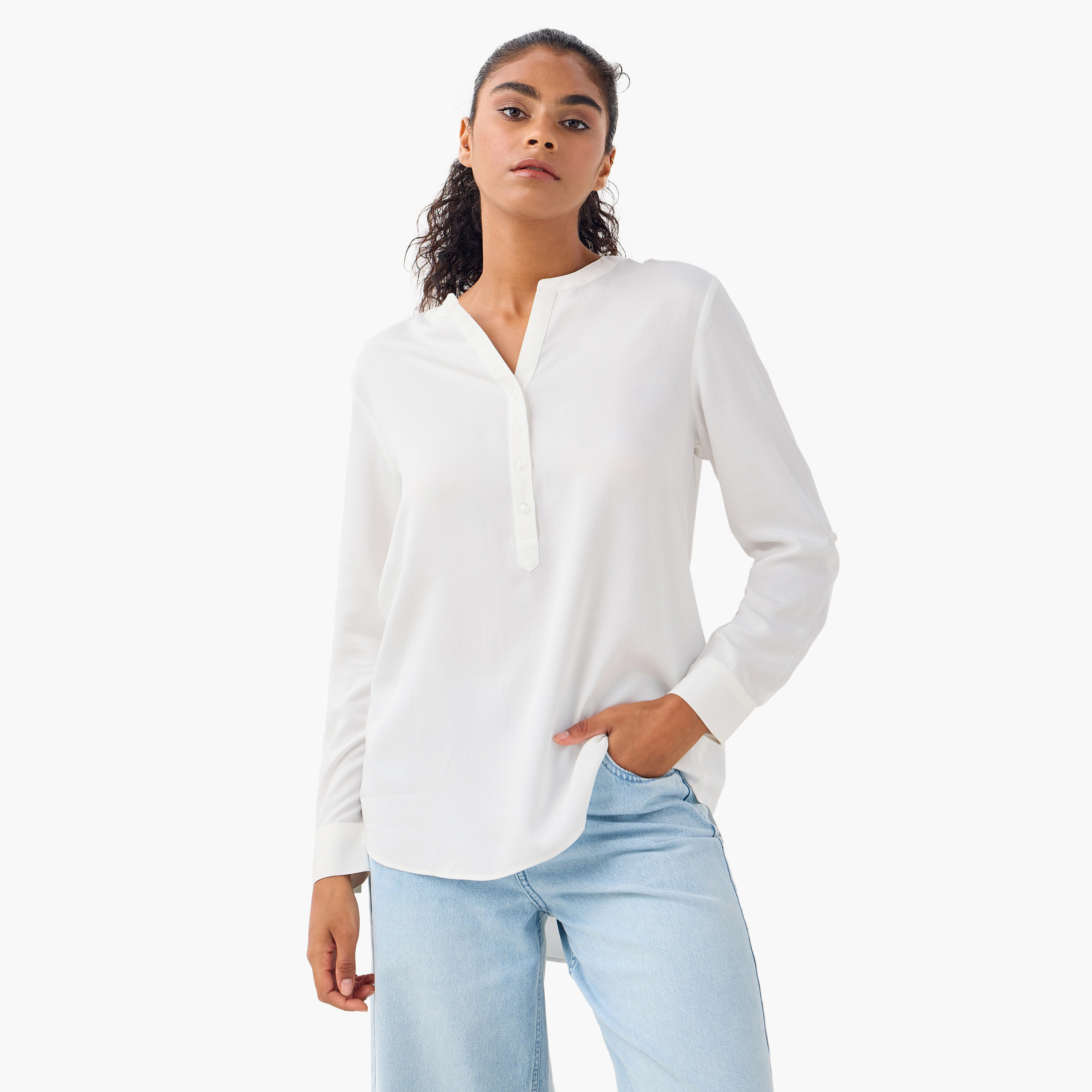بلوزة بياقة ماندارين وأكمام طويلة وحواف غير متساوية - طقم من 2-women-clothing-shirtsandblouses-blouses-image-10