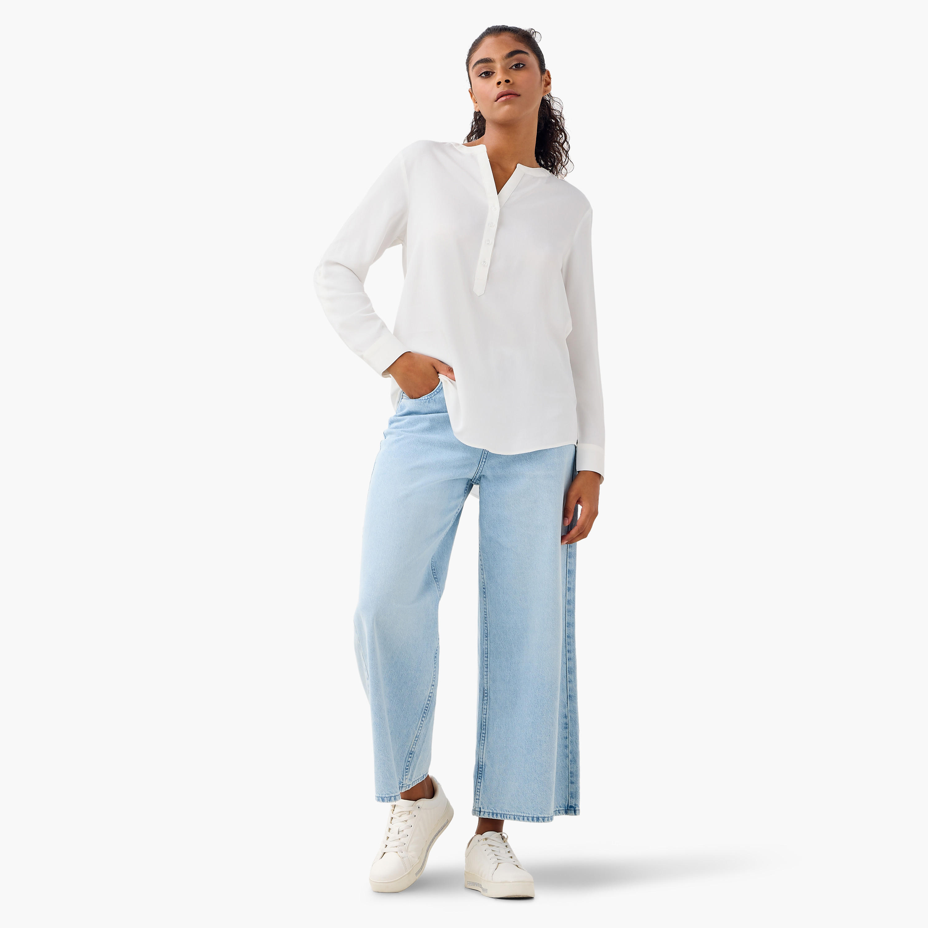 بلوزة بياقة ماندارين وأكمام طويلة وحواف غير متساوية - طقم من 2-women-clothing-shirtsandblouses-blouses-image-2