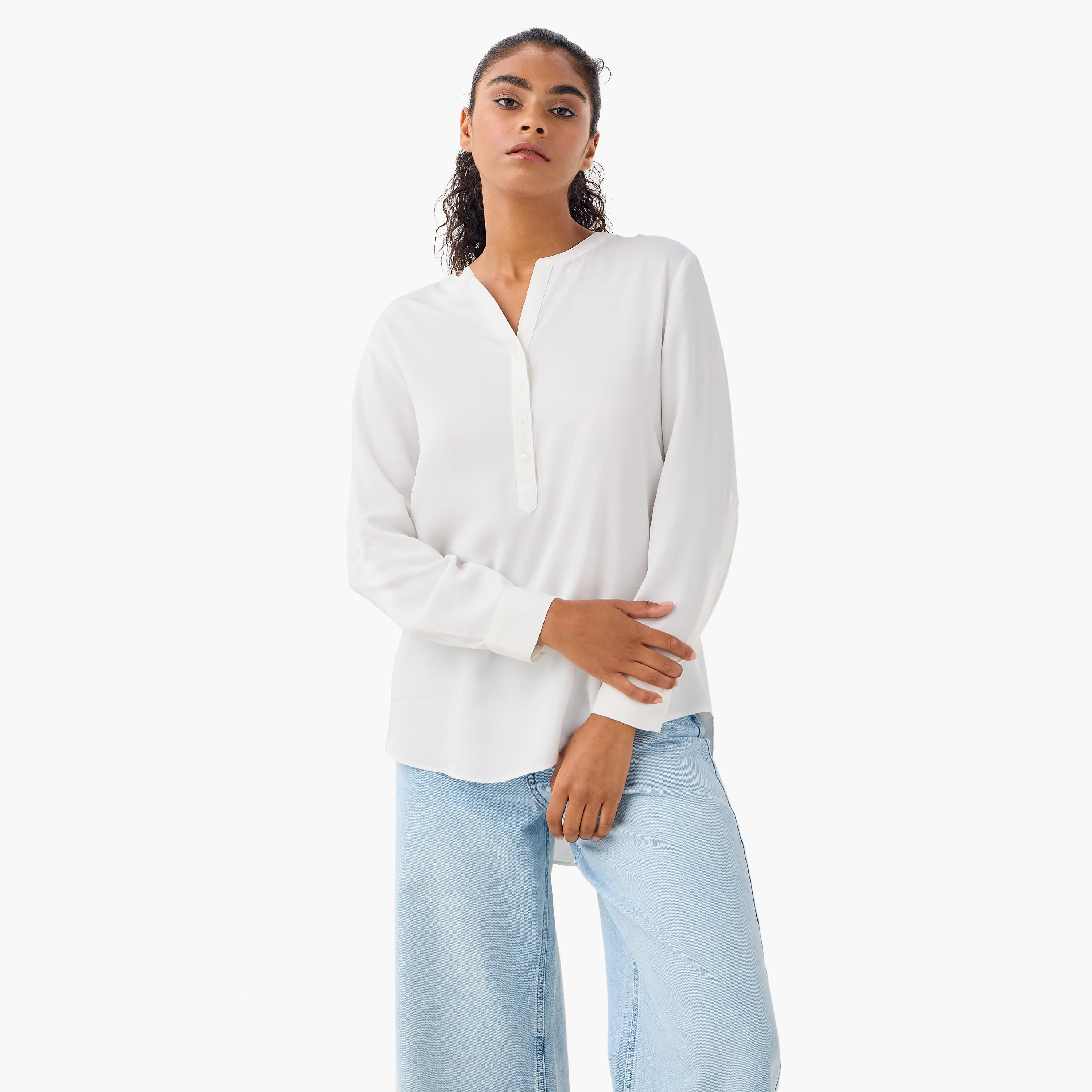 بلوزة بياقة ماندارين وأكمام طويلة وحواف غير متساوية - طقم من 2-women-clothing-shirtsandblouses-blouses-image-3