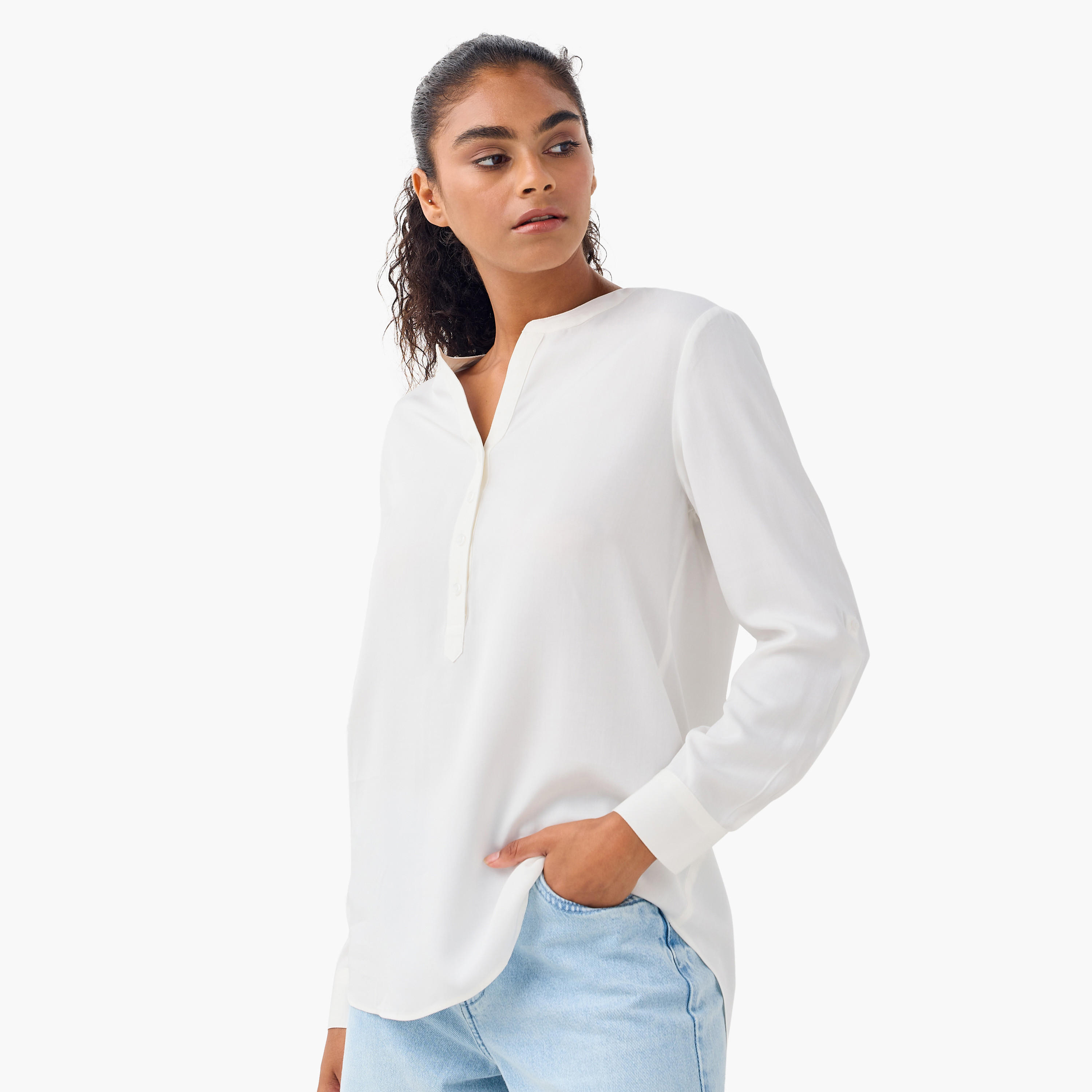 بلوزة بياقة ماندارين وأكمام طويلة وحواف غير متساوية - طقم من 2-women-clothing-shirtsandblouses-blouses-image-4