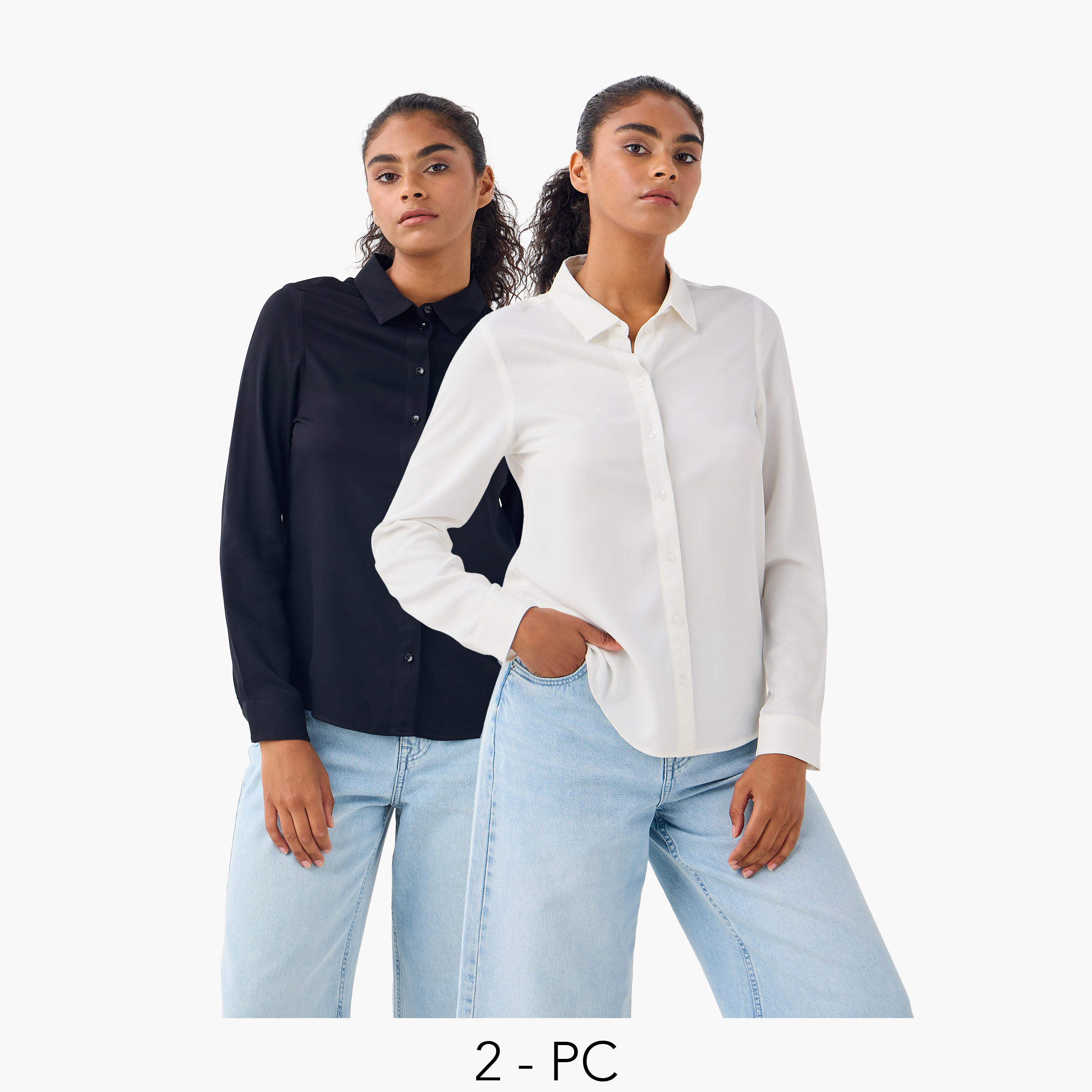 Set of 2 - Collared Shirt with Button Closure-women-clothing-shirtsandblouses-shirts-image-1