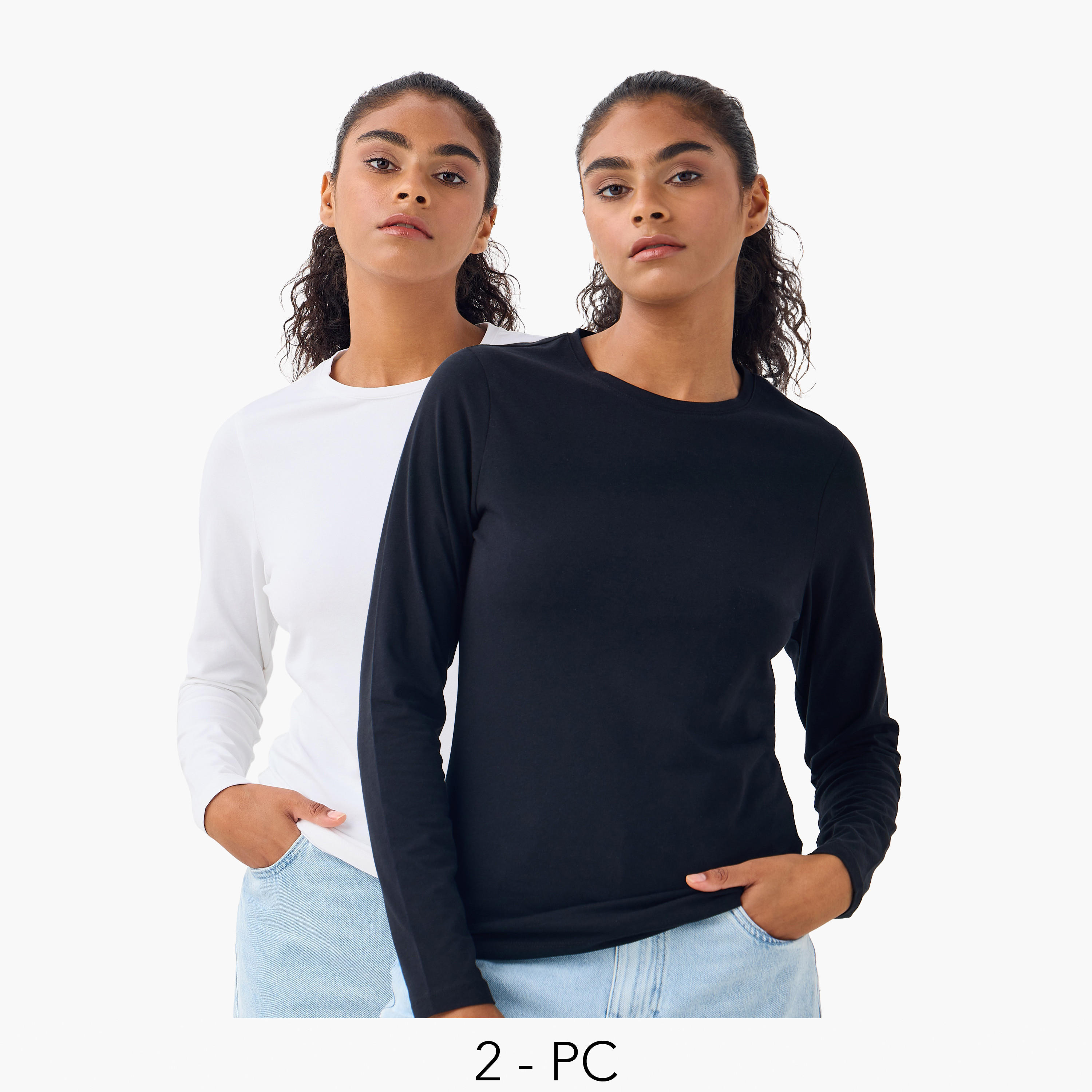 تيشيرت بياقة ضيقة وأكمام طويلة - طقم من 2-women-clothing-tshirts-image-1