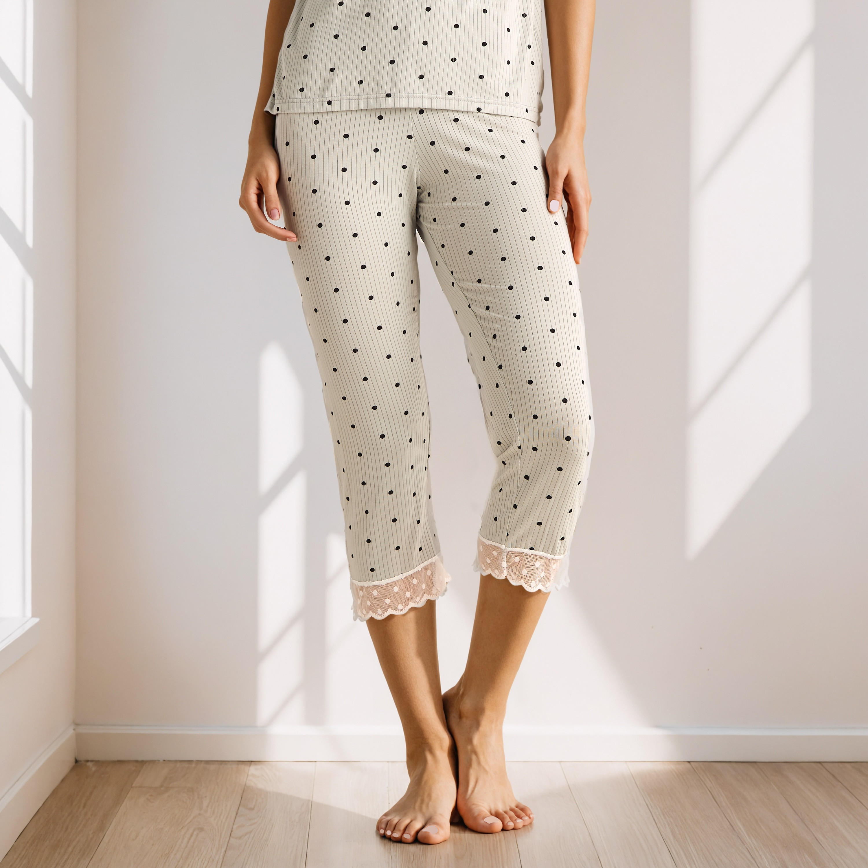طقم بنطلون بيجاما وبلوزة بتفاصيل دانتيل وطبعات منقطة-women-clothing-nightwear-robes-image-4