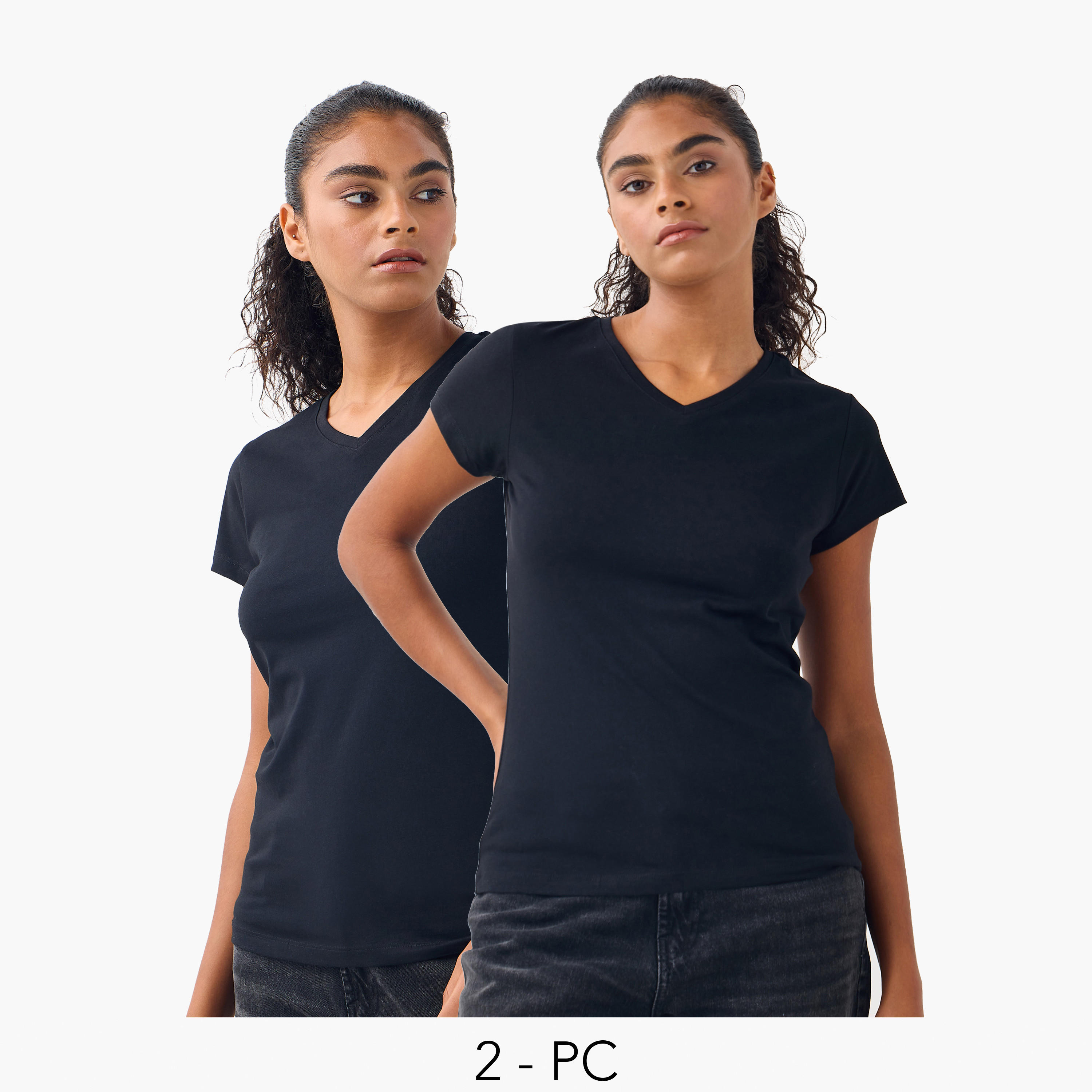 تيشيرت بياقة V وأكمام قصيرة - طقم من 2-women-clothing-tshirts-image-1