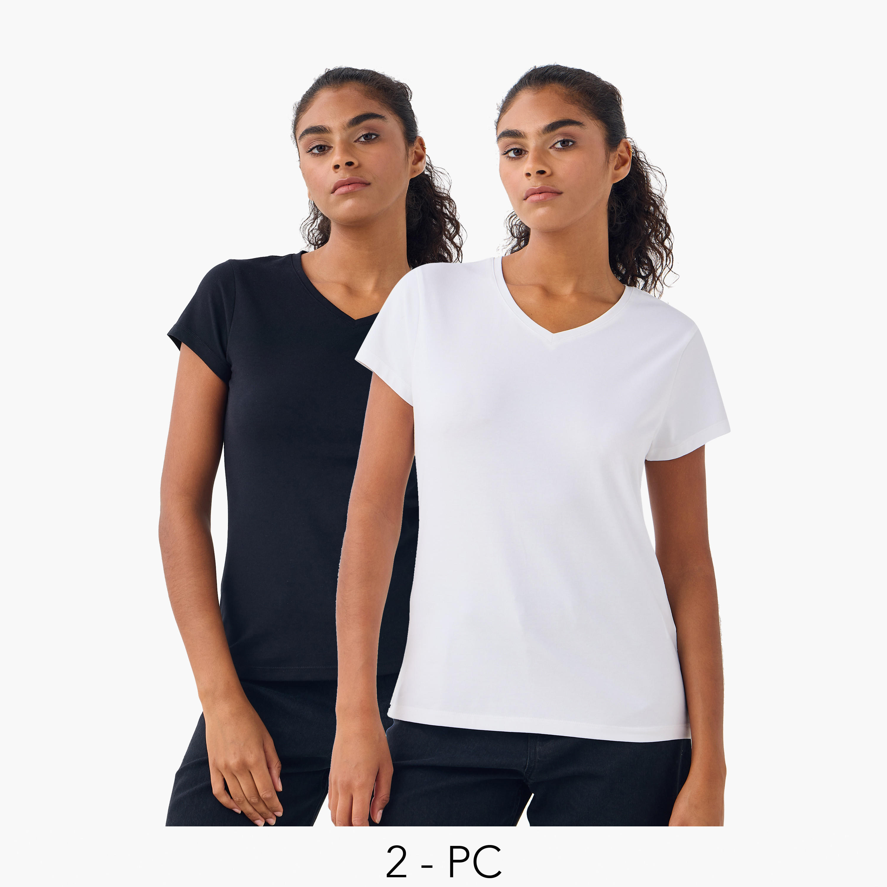 تيشيرت بياقة V وأكمام قصيرة - طقم من 2-women-clothing-tshirts-image-1