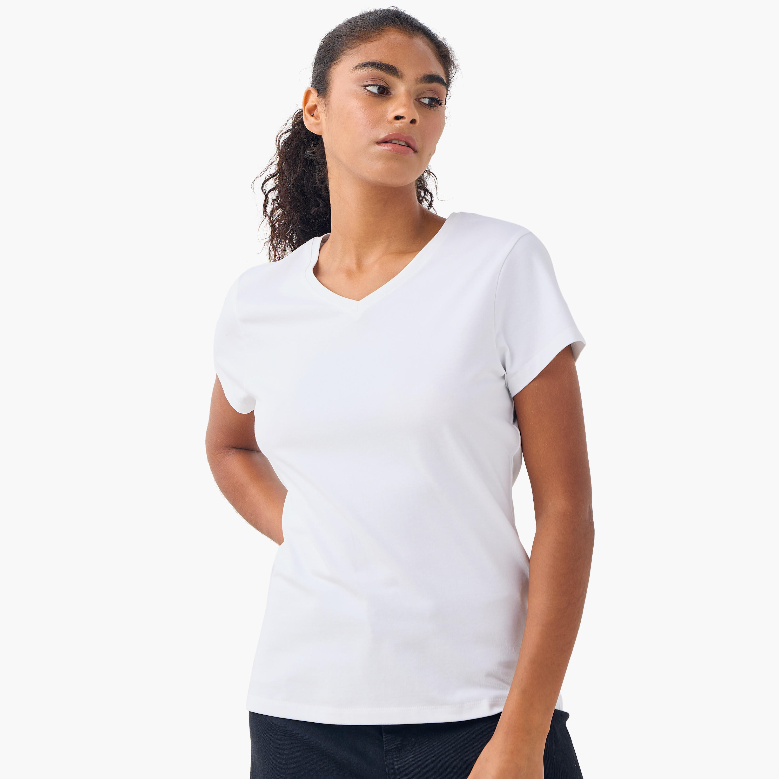 تيشيرت بياقة V وأكمام قصيرة - طقم من 2-women-clothing-tshirts-image-2