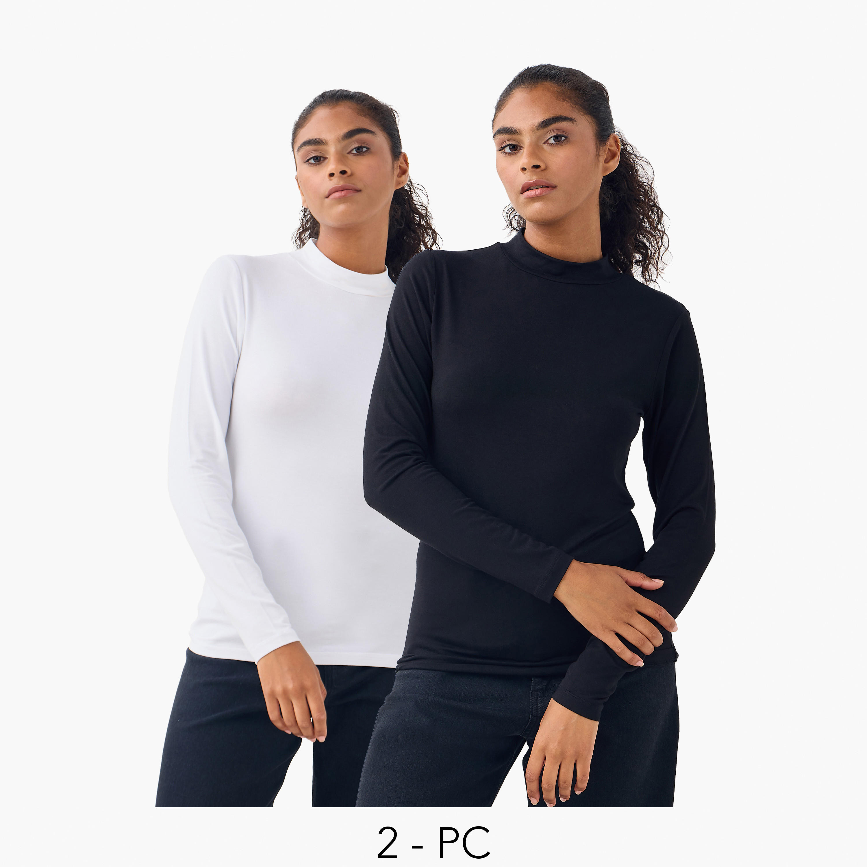 تيشيرت بياقة عالية وأكمام طويلة - طقم من 2-women-clothing-tshirts-image-1