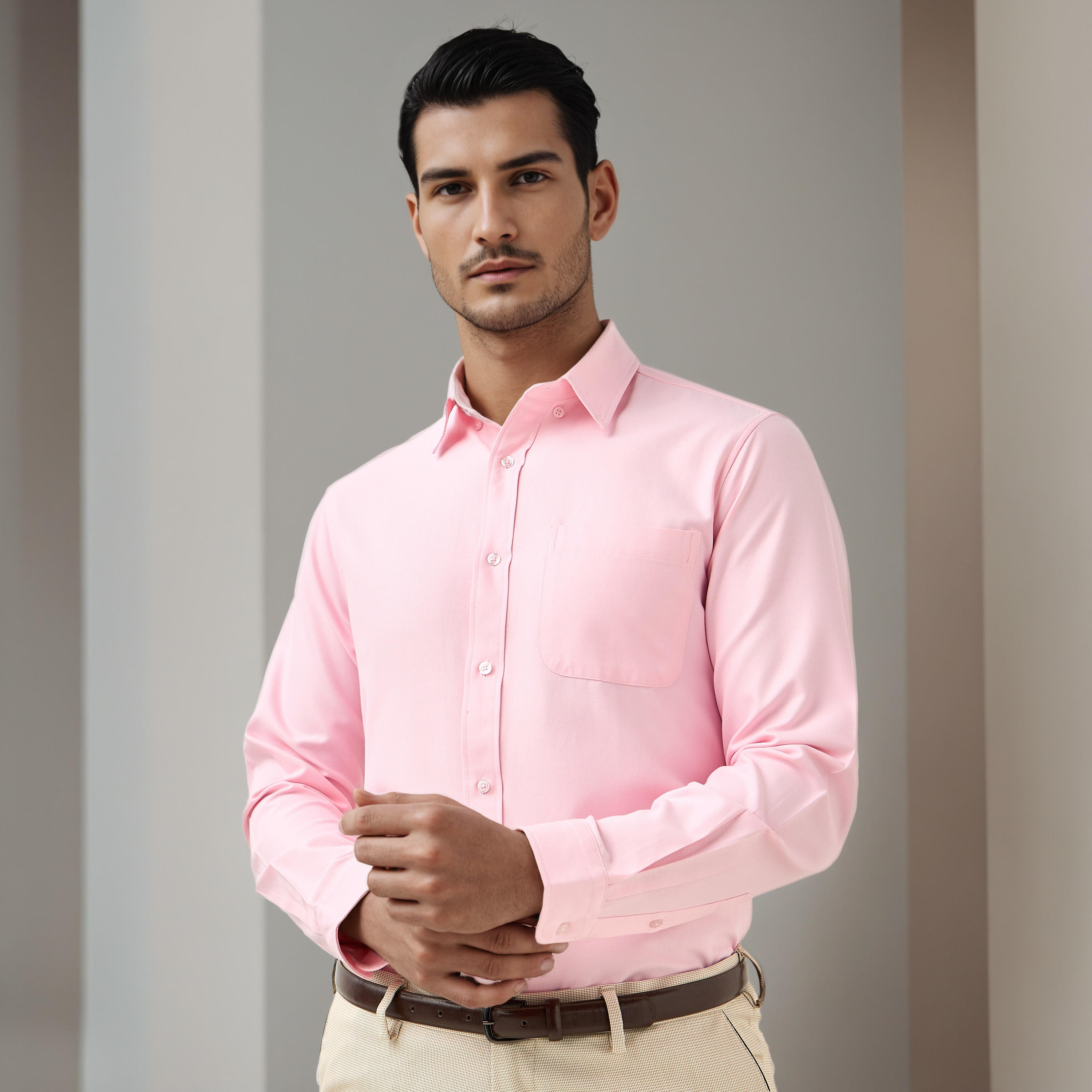 قميص أوكسفورد للرجال بقصة عادية وياقة بأزرار وجيب وأكمام طويلة-men-clothing-shirts-image-5