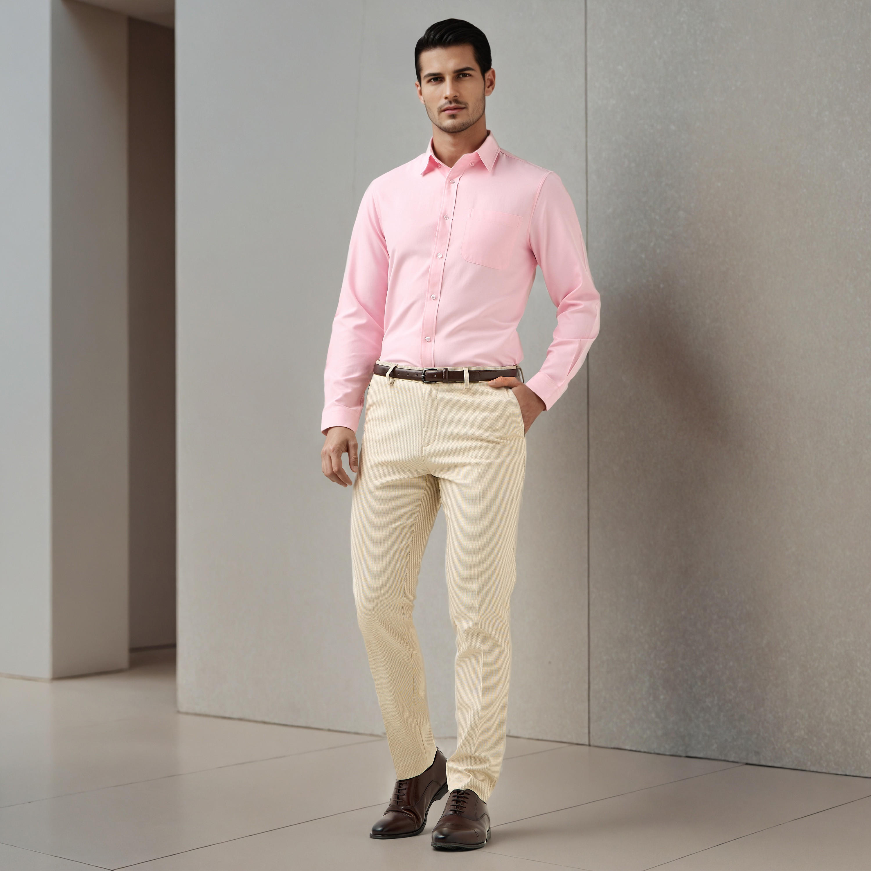 قميص أوكسفورد للرجال بقصة عادية وياقة بأزرار وجيب وأكمام طويلة-men-clothing-shirts-image-2