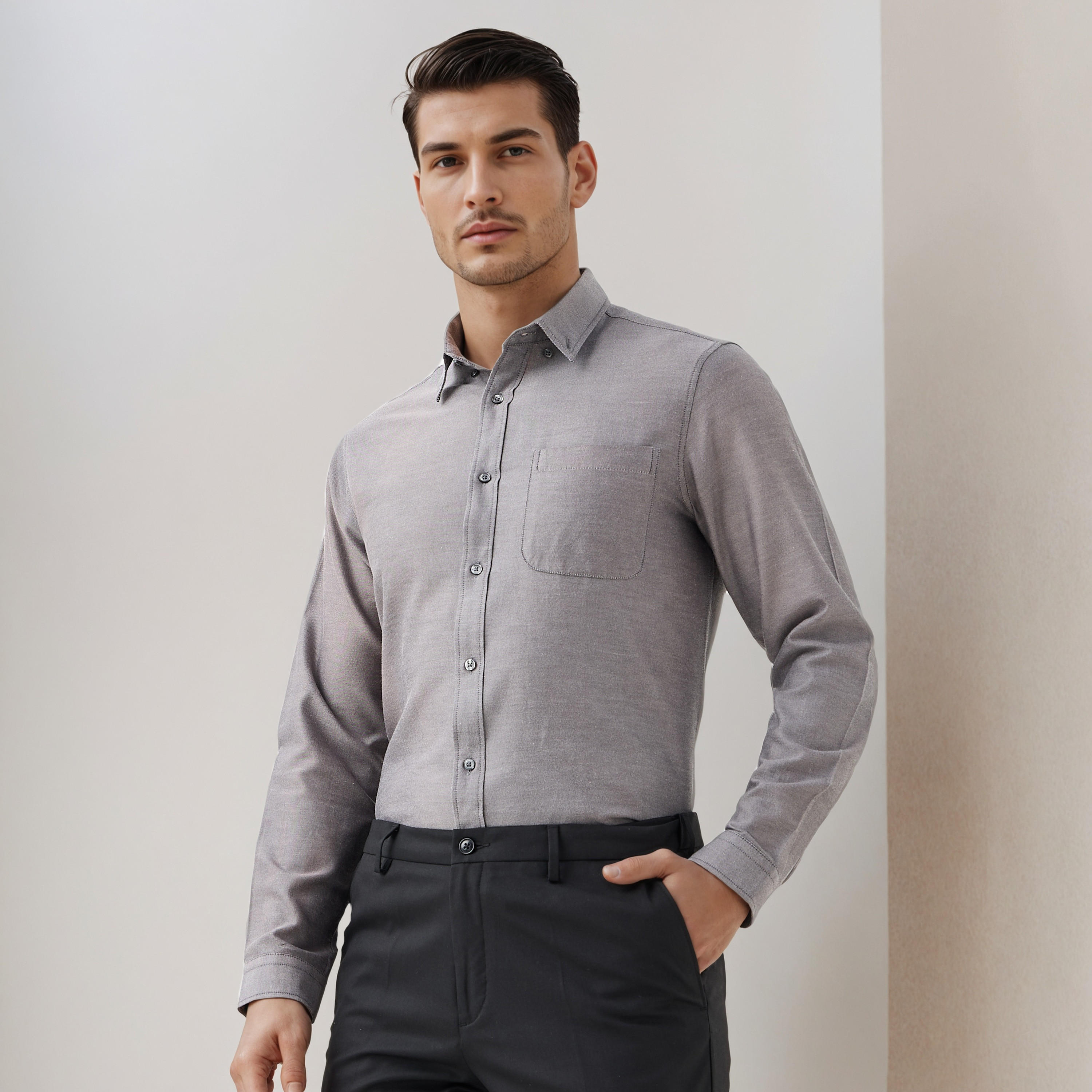 Men Regular Fit Button-Down Collar Long Sleeves Oxford Shirt with Pocket-men-clothing-shirts-image-1