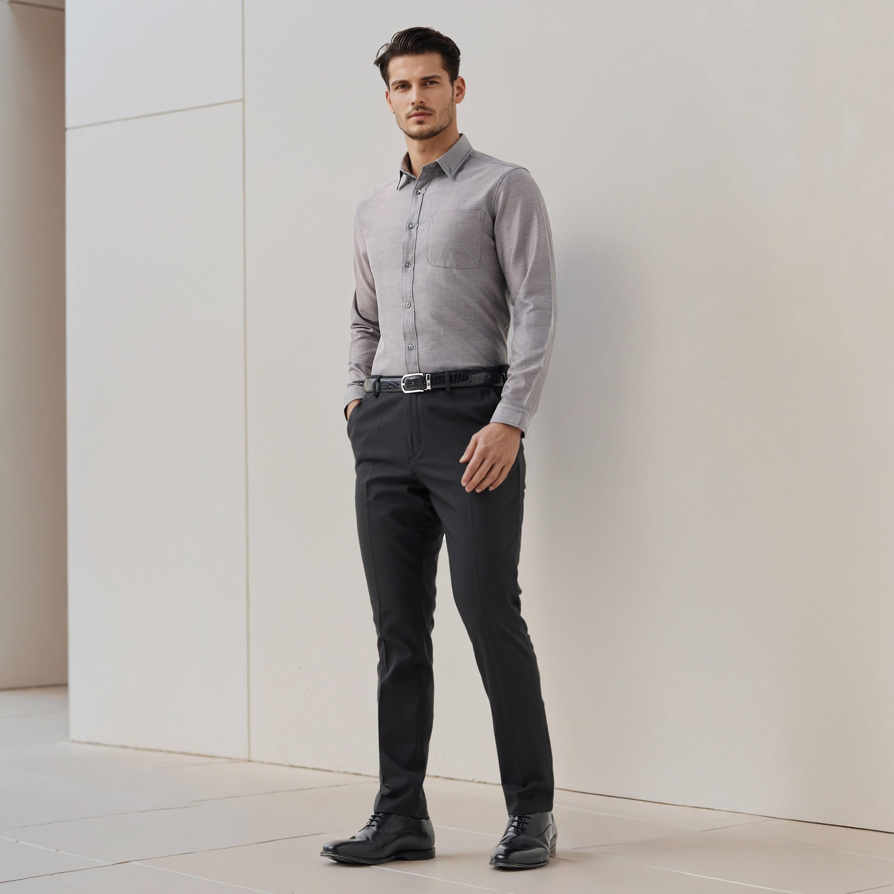 Men Regular Fit Button-Down Collar Long Sleeves Oxford Shirt with Pocket-men-clothing-shirts-image-2