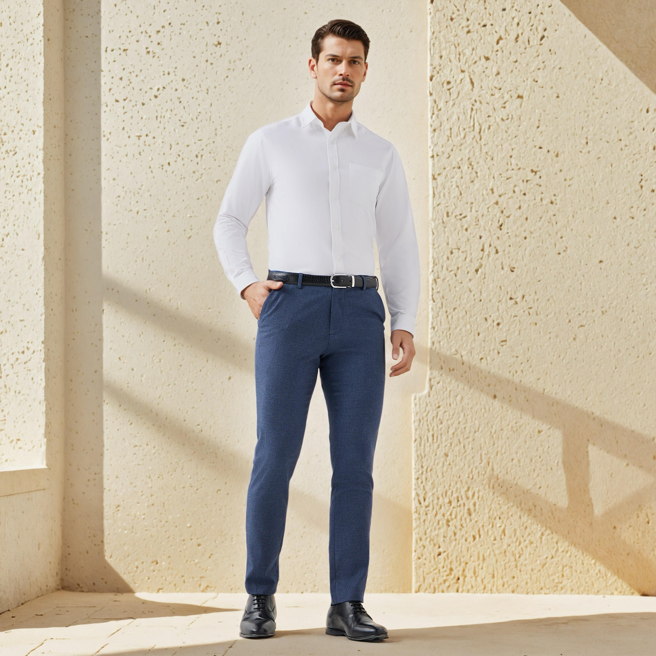 Men Regular Fit Button-Down Collar Long Sleeves Oxford Shirt with Pocket-men-clothing-shirts-image-2