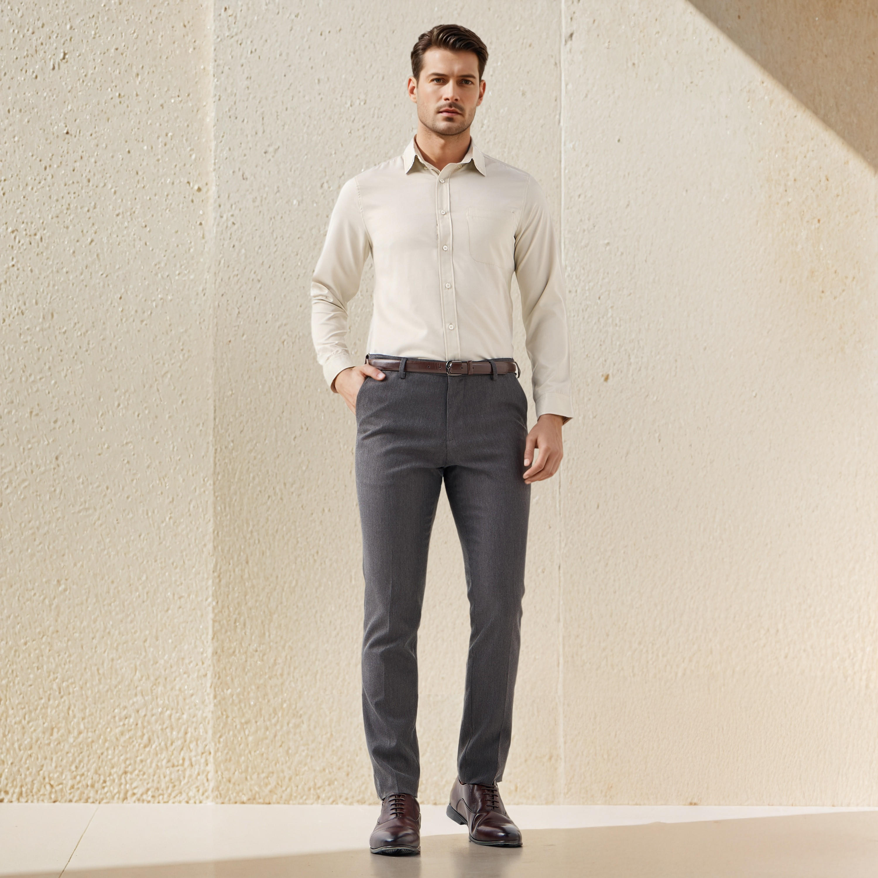 قميص تويل بياقة بأزرار وأكمام طويلة وقصّة عادية وجيب للرجال-men-clothing-shirts-image-2