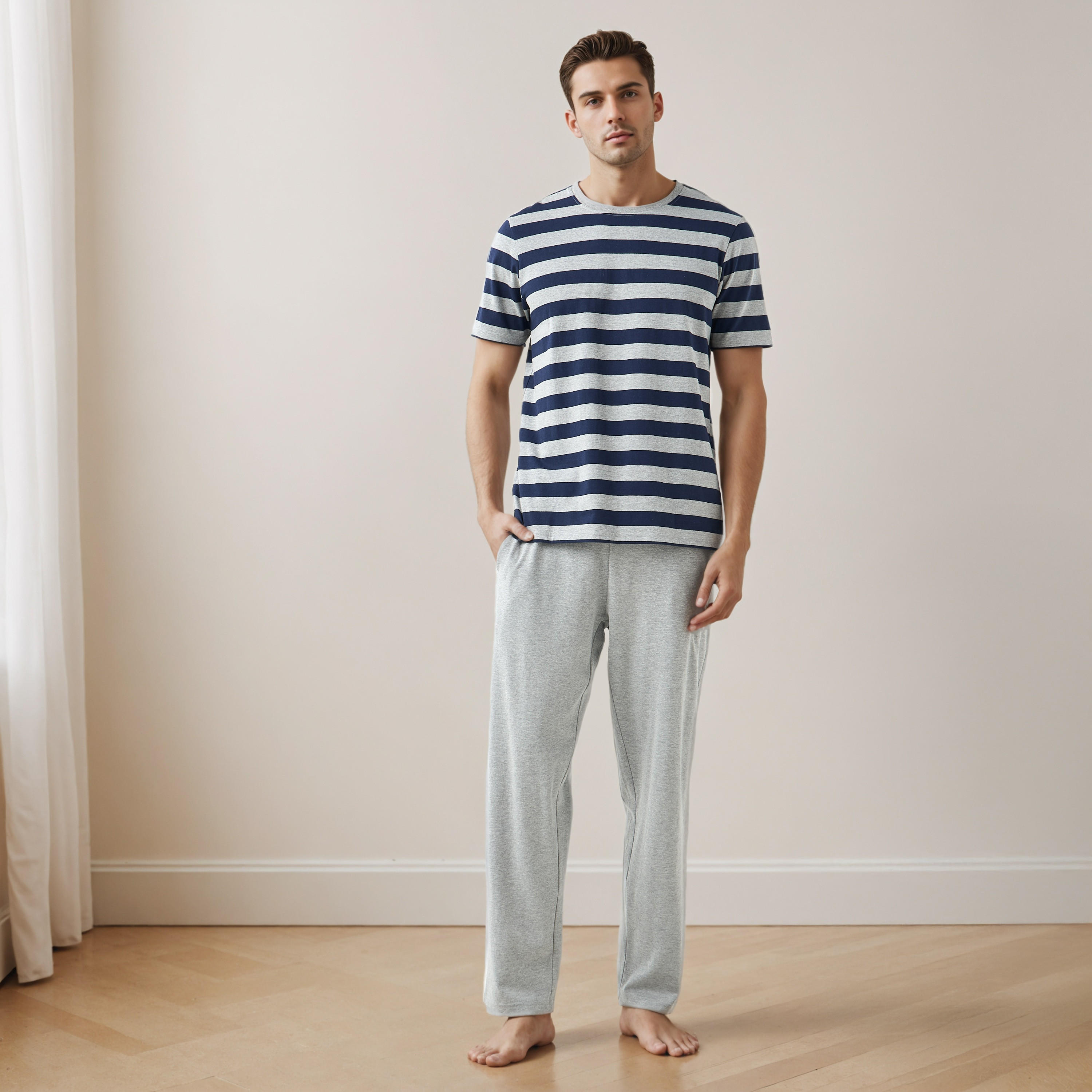 طقم ملابس نوم قطن مخطط برباط إغلاق للرجال-men-clothing-nightwear-sets-image-1