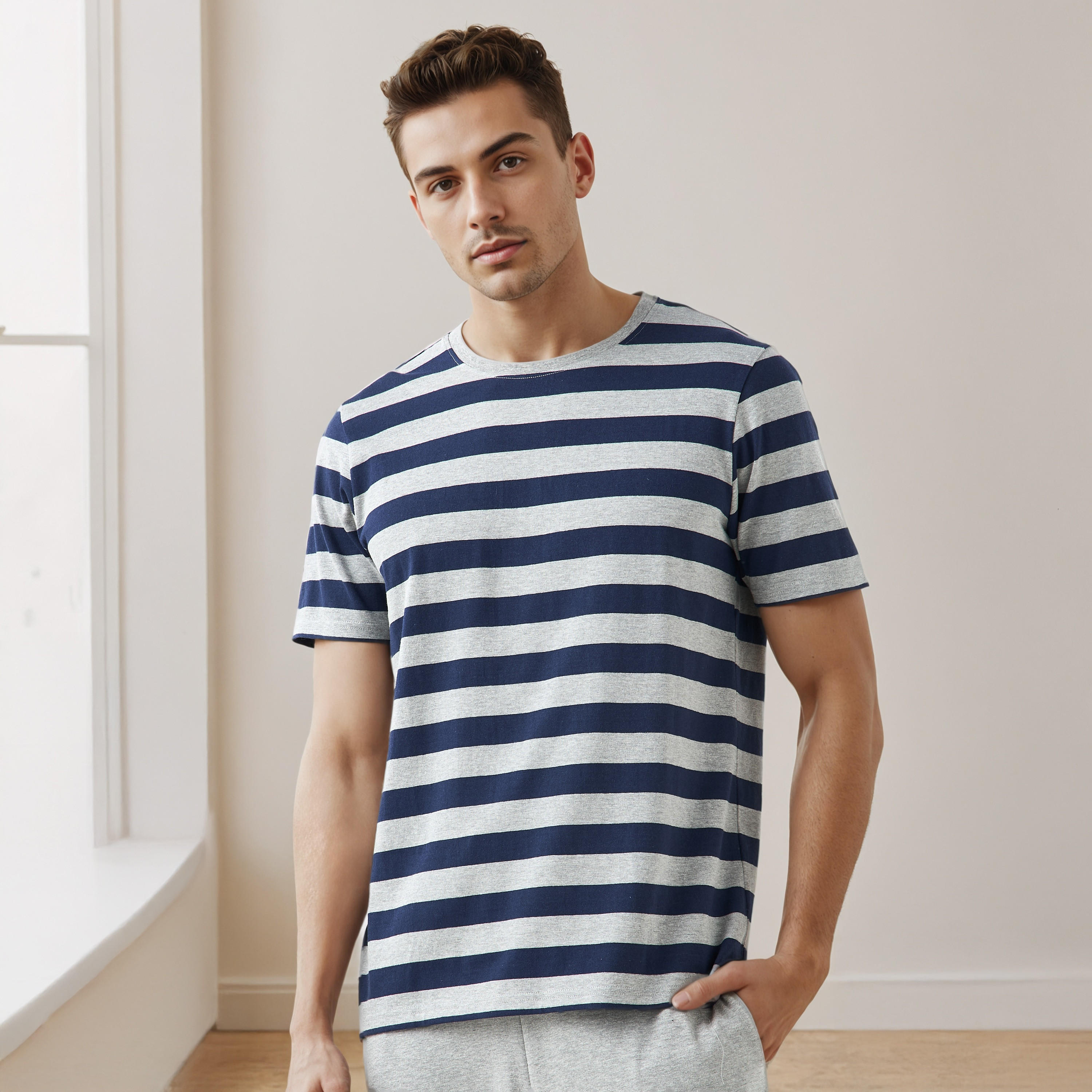 طقم ملابس نوم قطن مخطط برباط إغلاق للرجال-men-clothing-nightwear-sets-image-2
