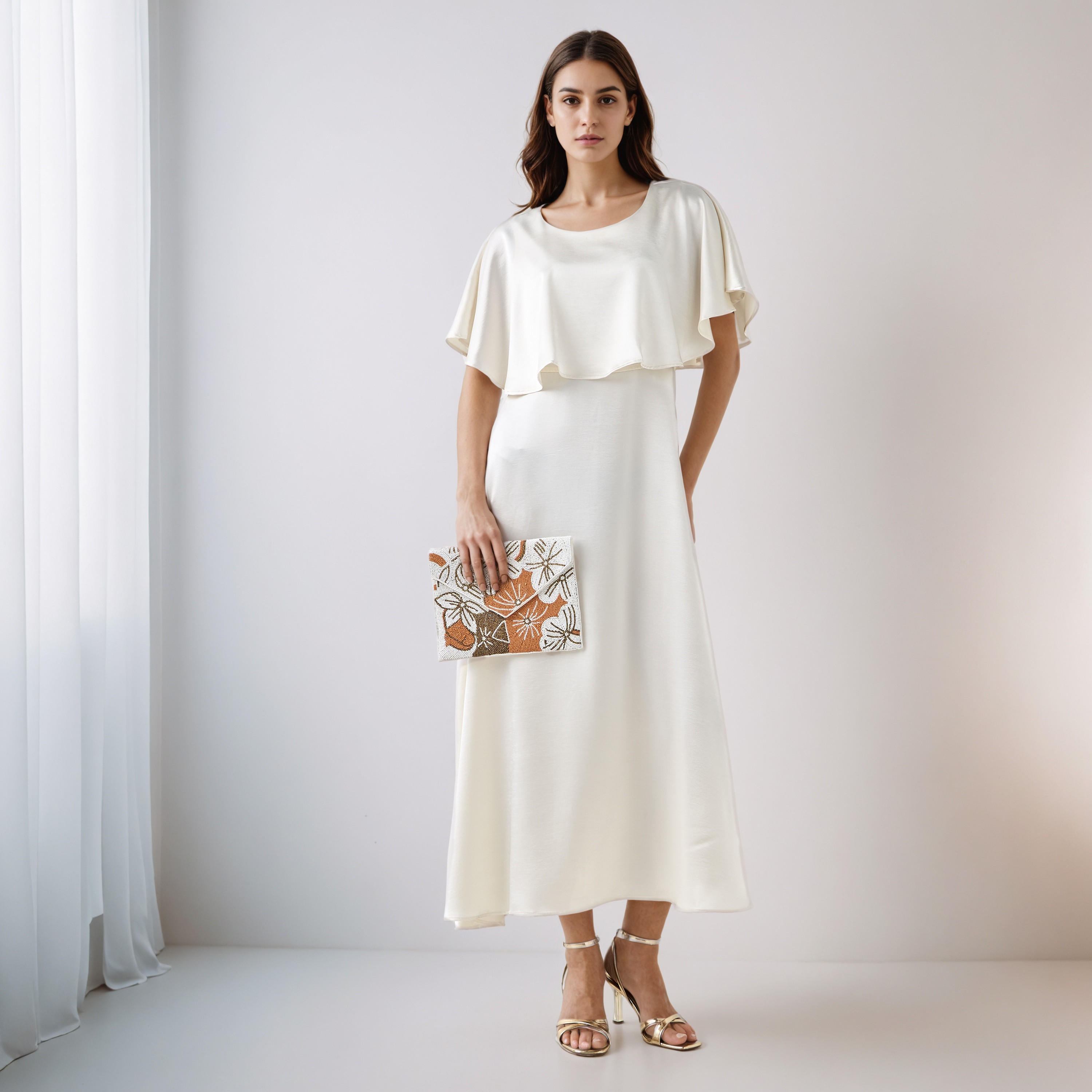 A-Line Maxi Polyester Dress with Cape Overlay Detail-women-clothing-dresses-image-1