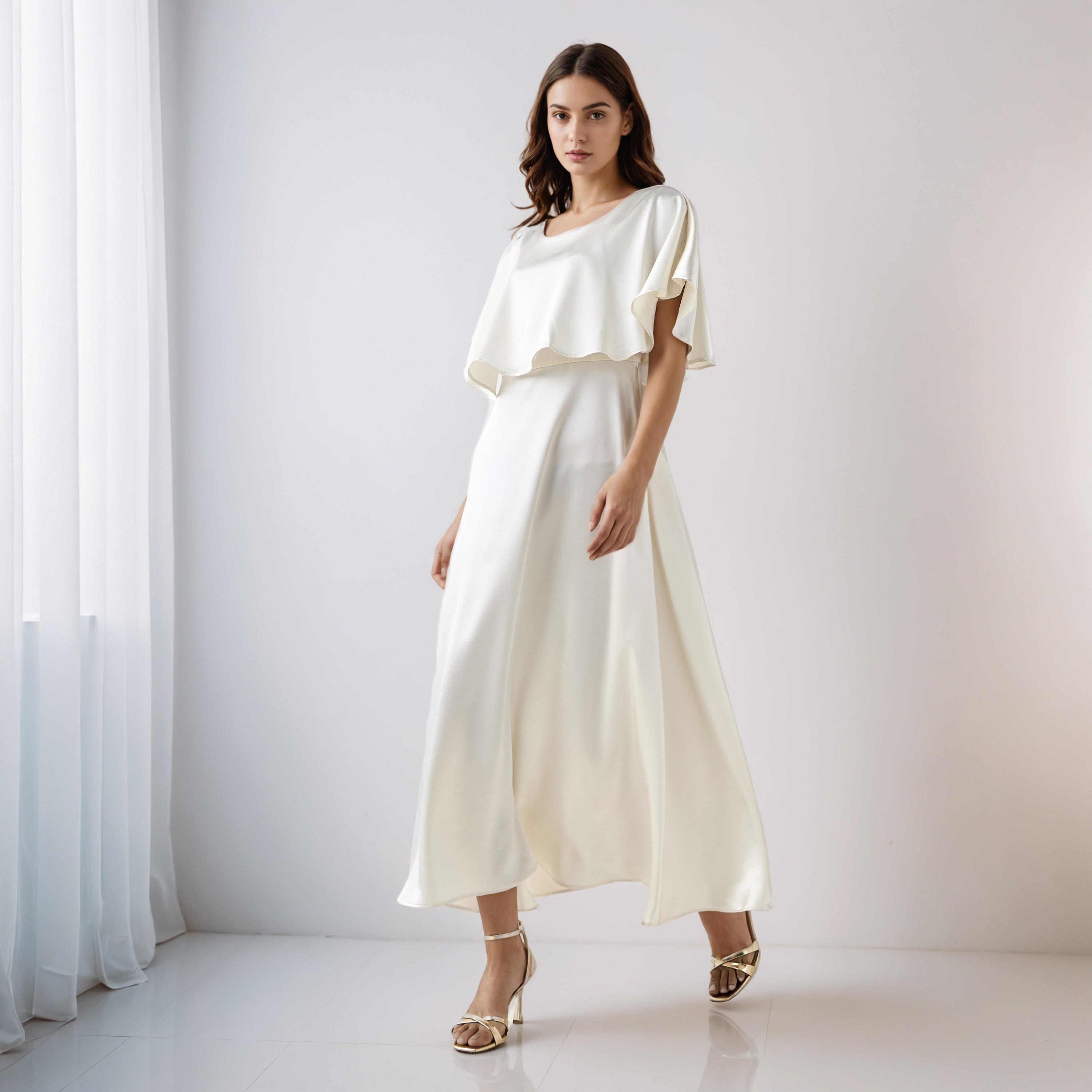 A-Line Maxi Polyester Dress with Cape Overlay Detail-women-clothing-dresses-image-2