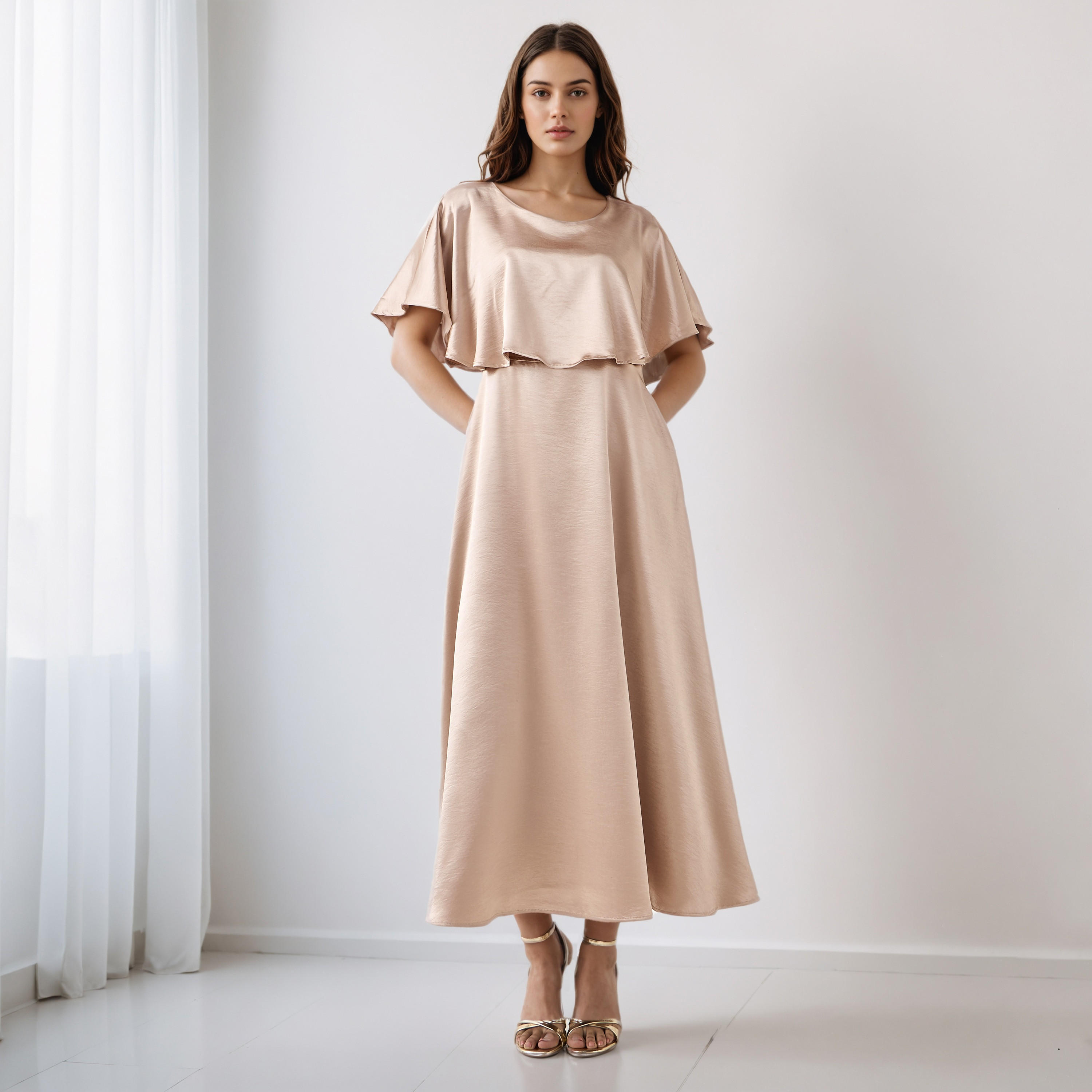 A-Line Maxi Polyester Dress with Cape Overlay Detail-women-clothing-dresses-image-1