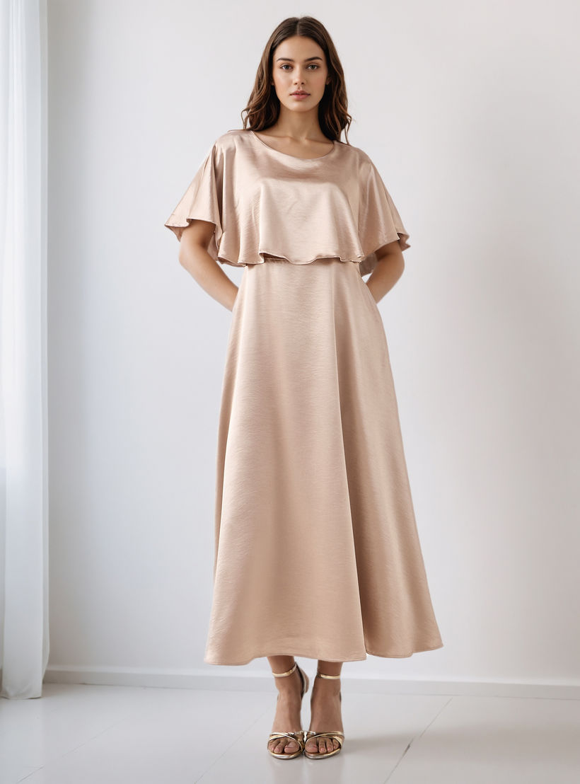 A-Line Maxi Polyester Dress with Cape Overlay Detail-women-clothing-dresses-image-1
