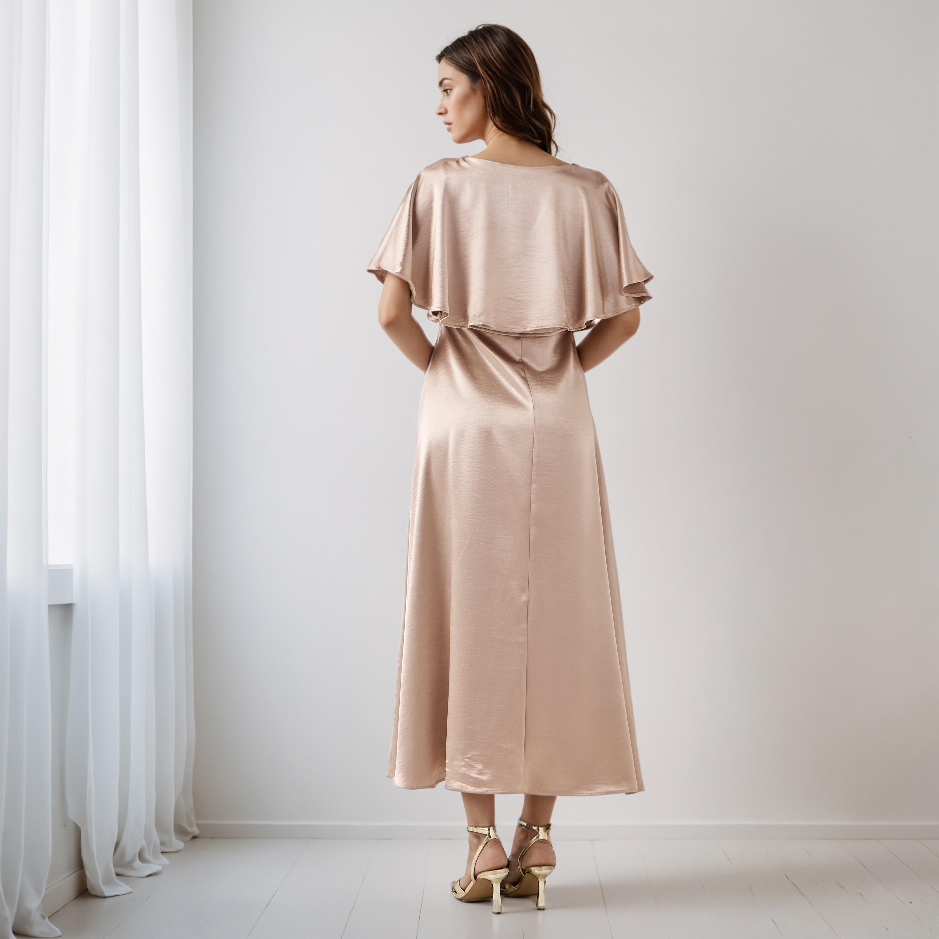 A-Line Maxi Polyester Dress with Cape Overlay Detail-women-clothing-dresses-image-3