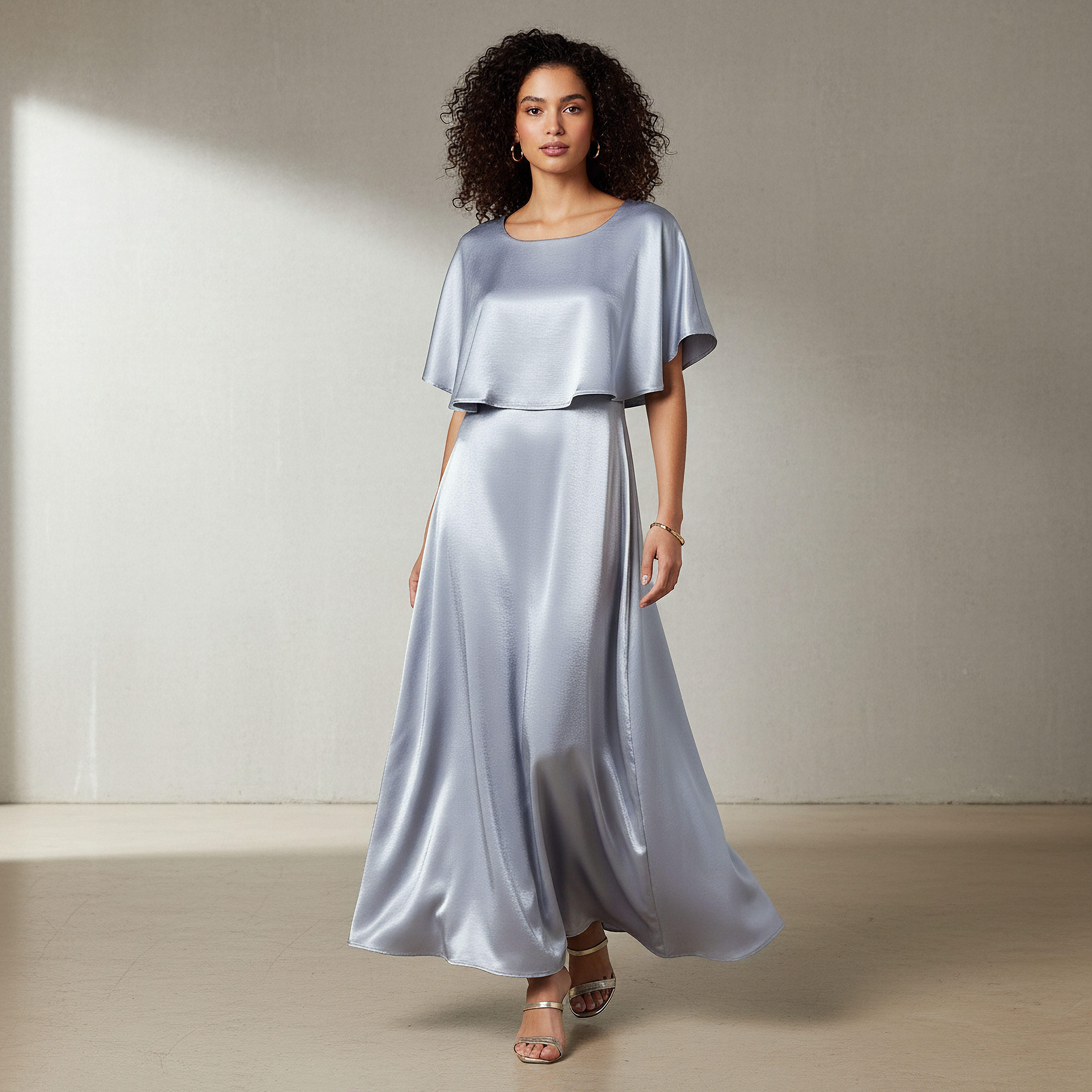 A-Line Maxi Polyester Dress with Cape Overlay Detail-women-clothing-dresses-image-1