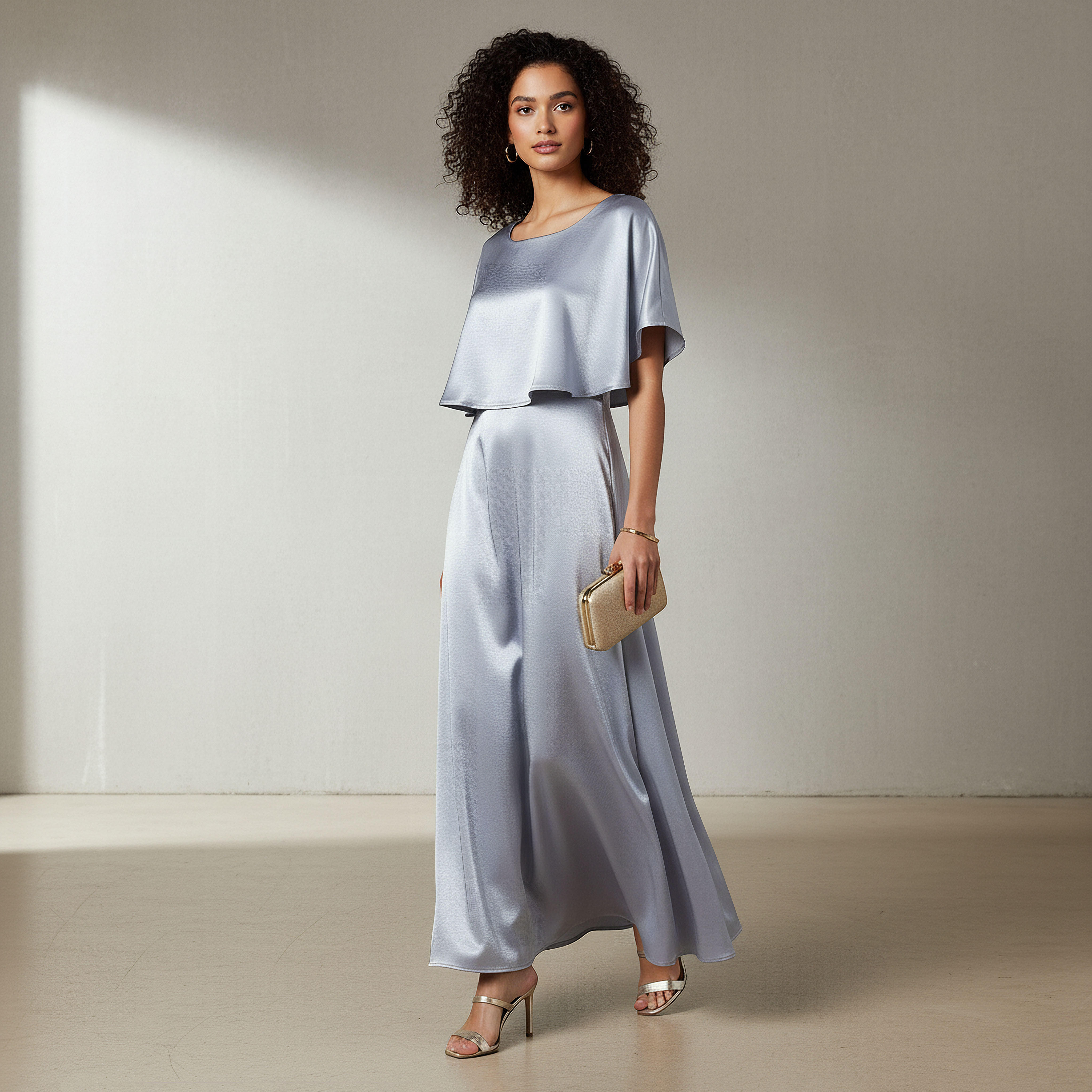 A-Line Maxi Polyester Dress with Cape Overlay Detail-women-clothing-dresses-image-2