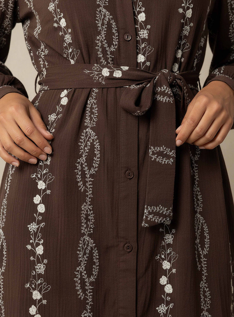 فستان قميص طول الركبة بحزام وتطريزات زهرية-women-clothing-dresses-image-4