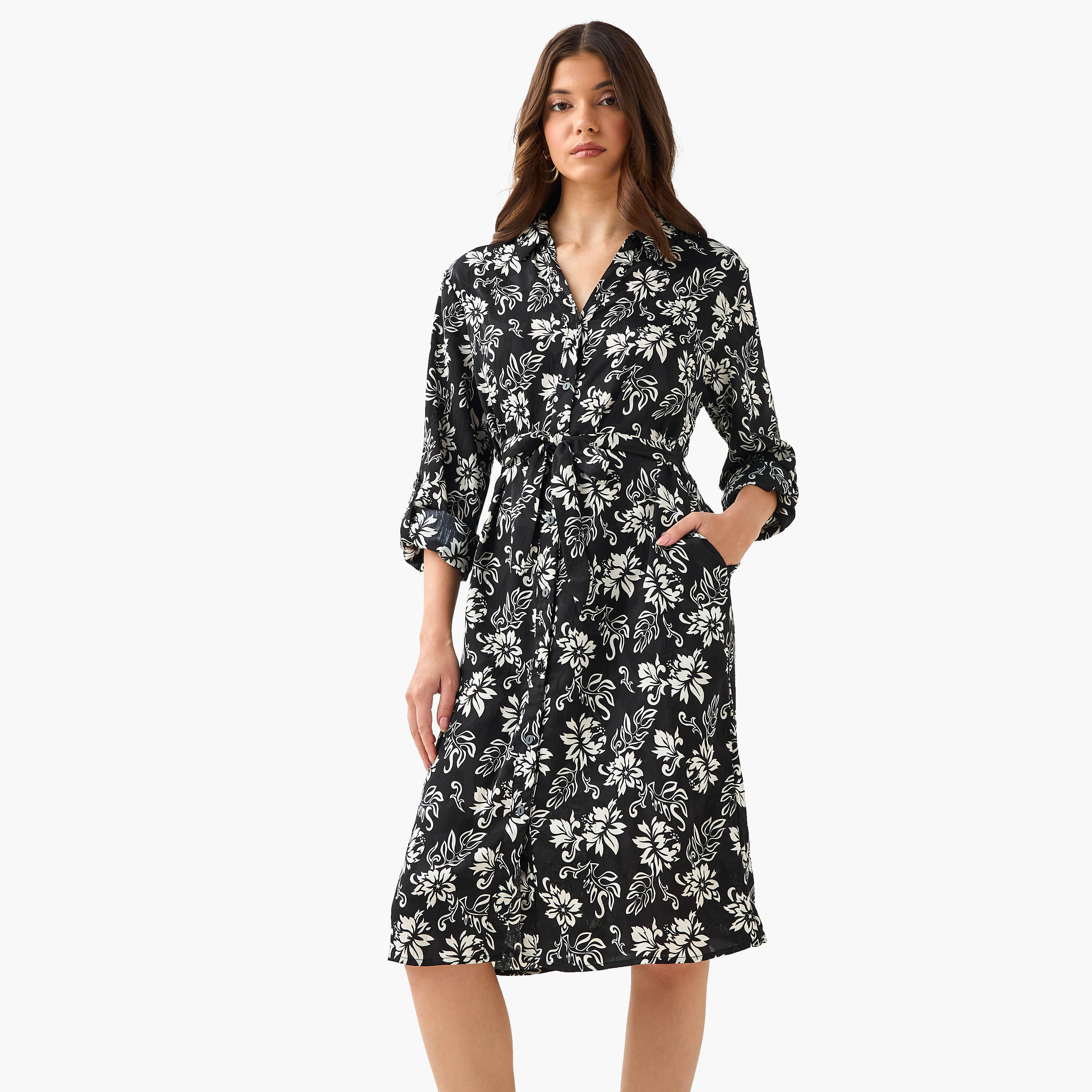 Knee Length Shirt Belted Dress with Floral Print-women-clothing-dresses-image-1