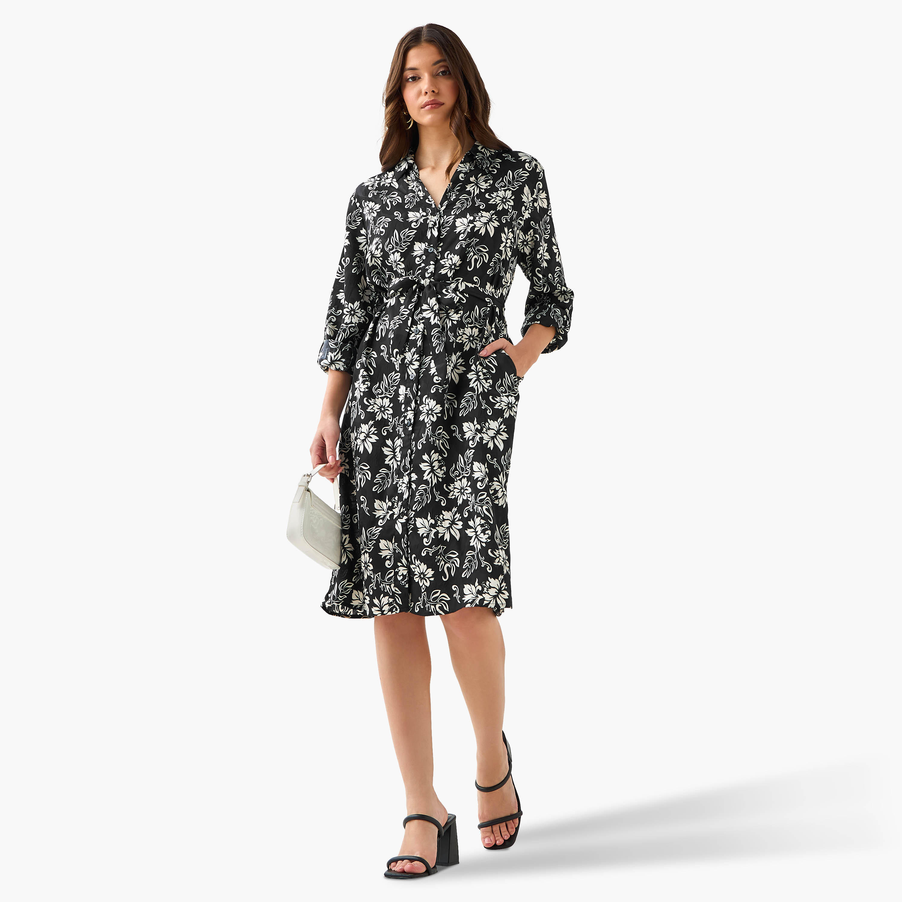 فستان قميص بطول الركبة وبحزام وطبعات زهرية-women-clothing-dresses-image-2