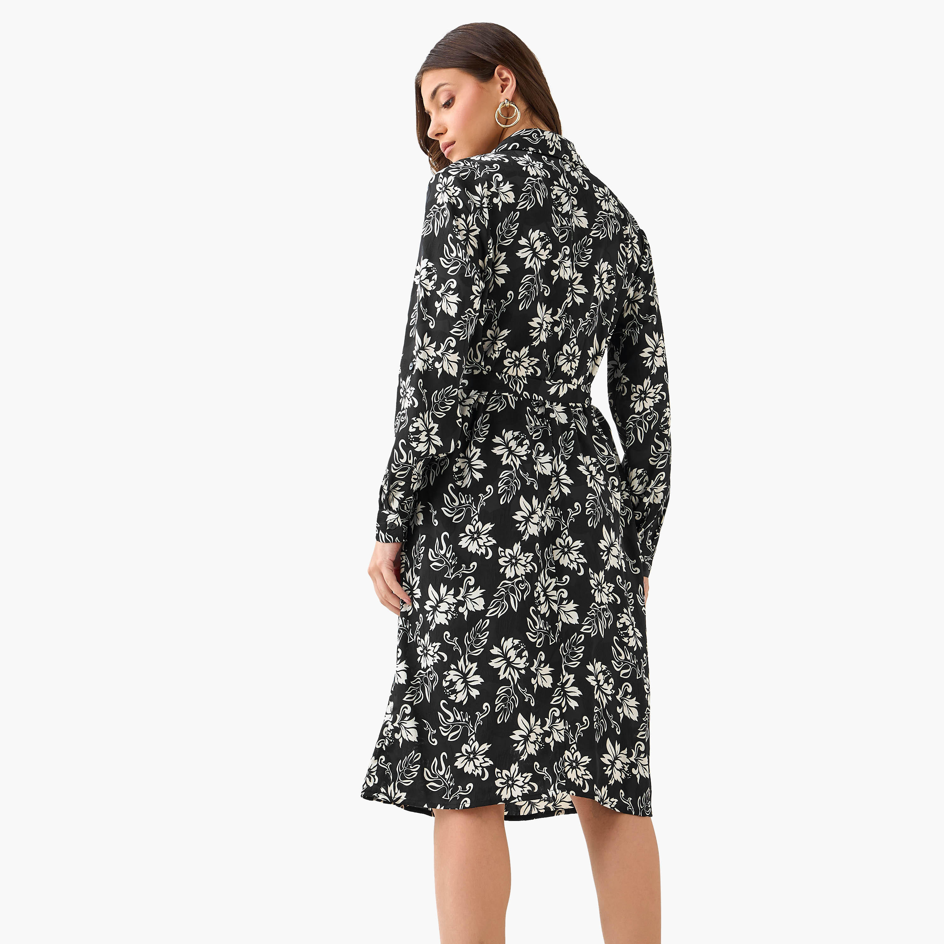 فستان قميص بطول الركبة وبحزام وطبعات زهرية-women-clothing-dresses-image-3