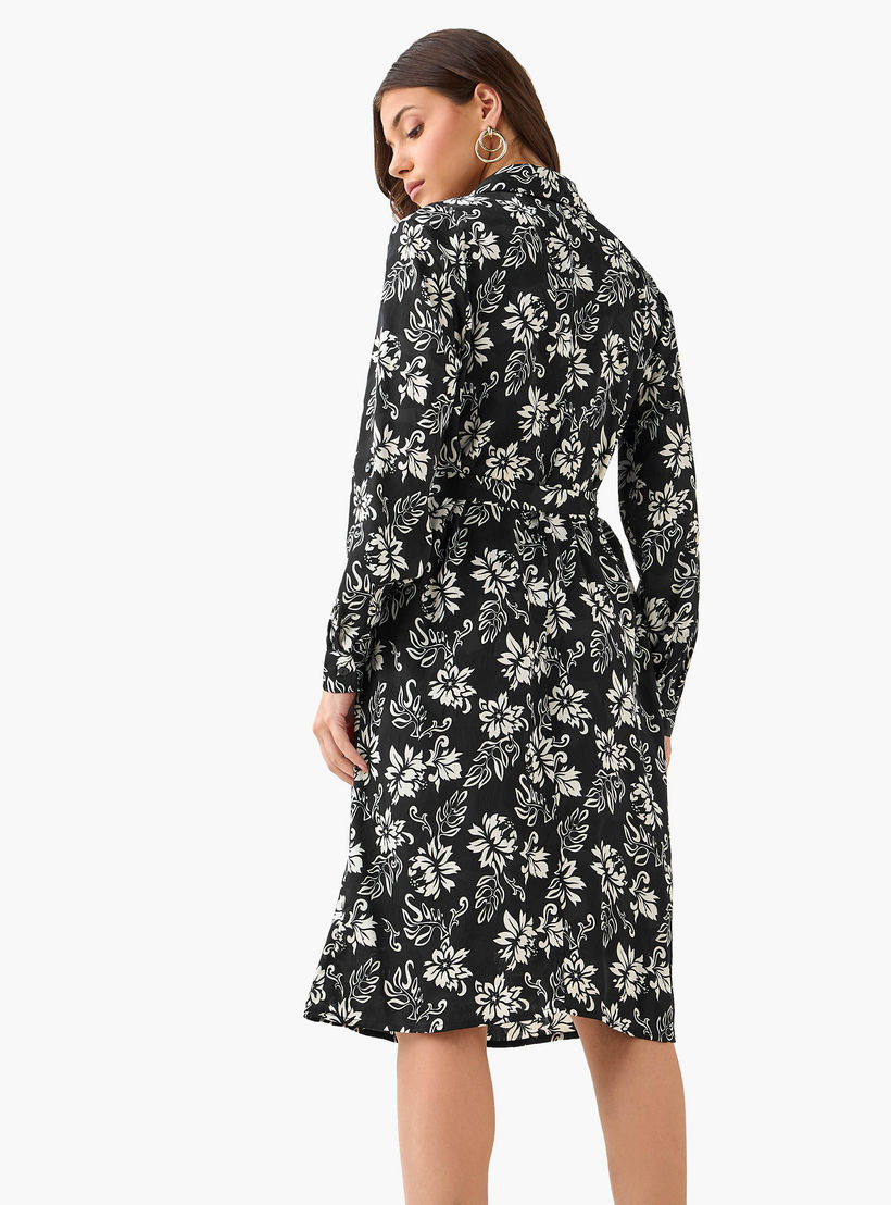 فستان قميص بطول الركبة وبحزام وطبعات زهرية-women-clothing-dresses-image-3