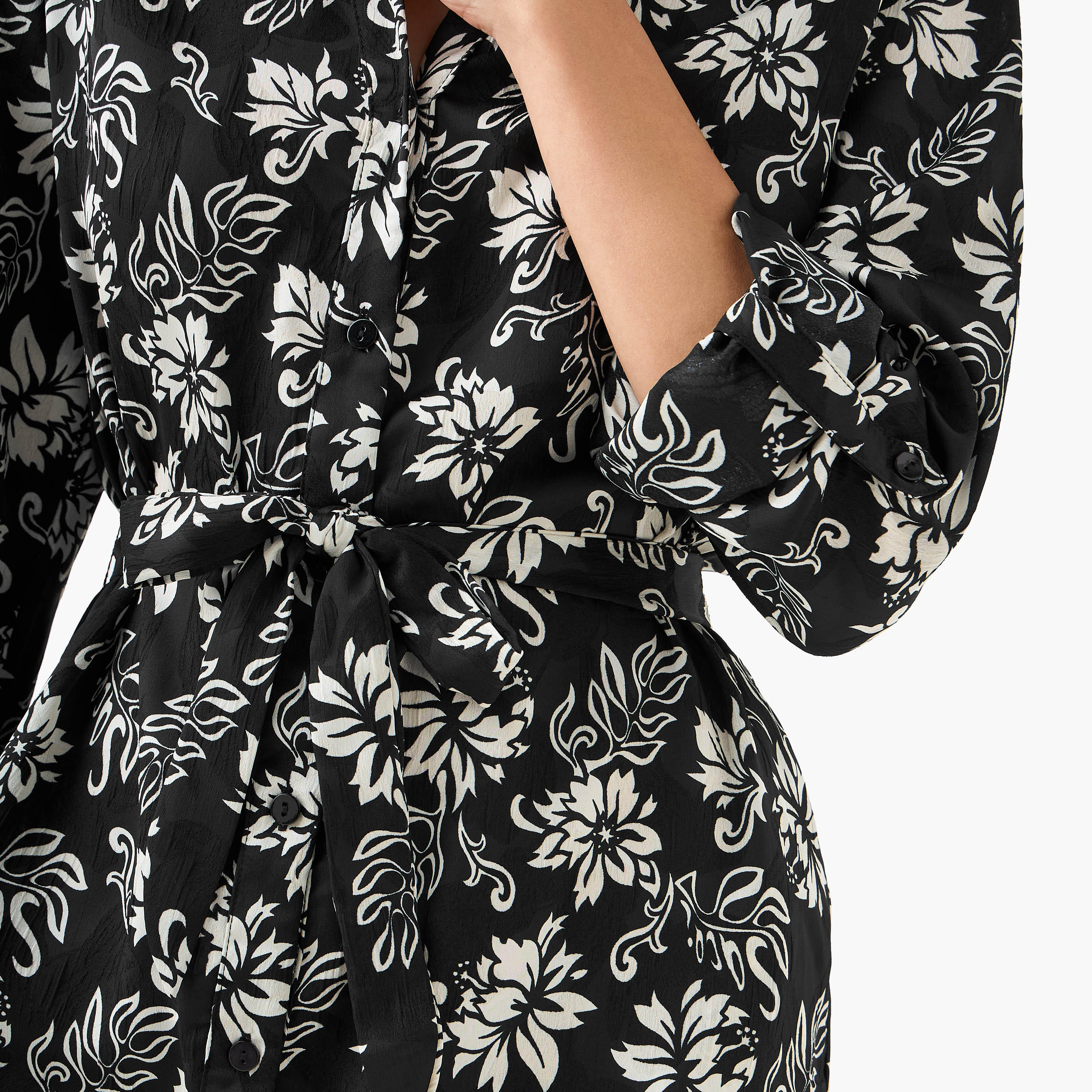 Knee Length Shirt Belted Dress with Floral Print-women-clothing-dresses-image-4