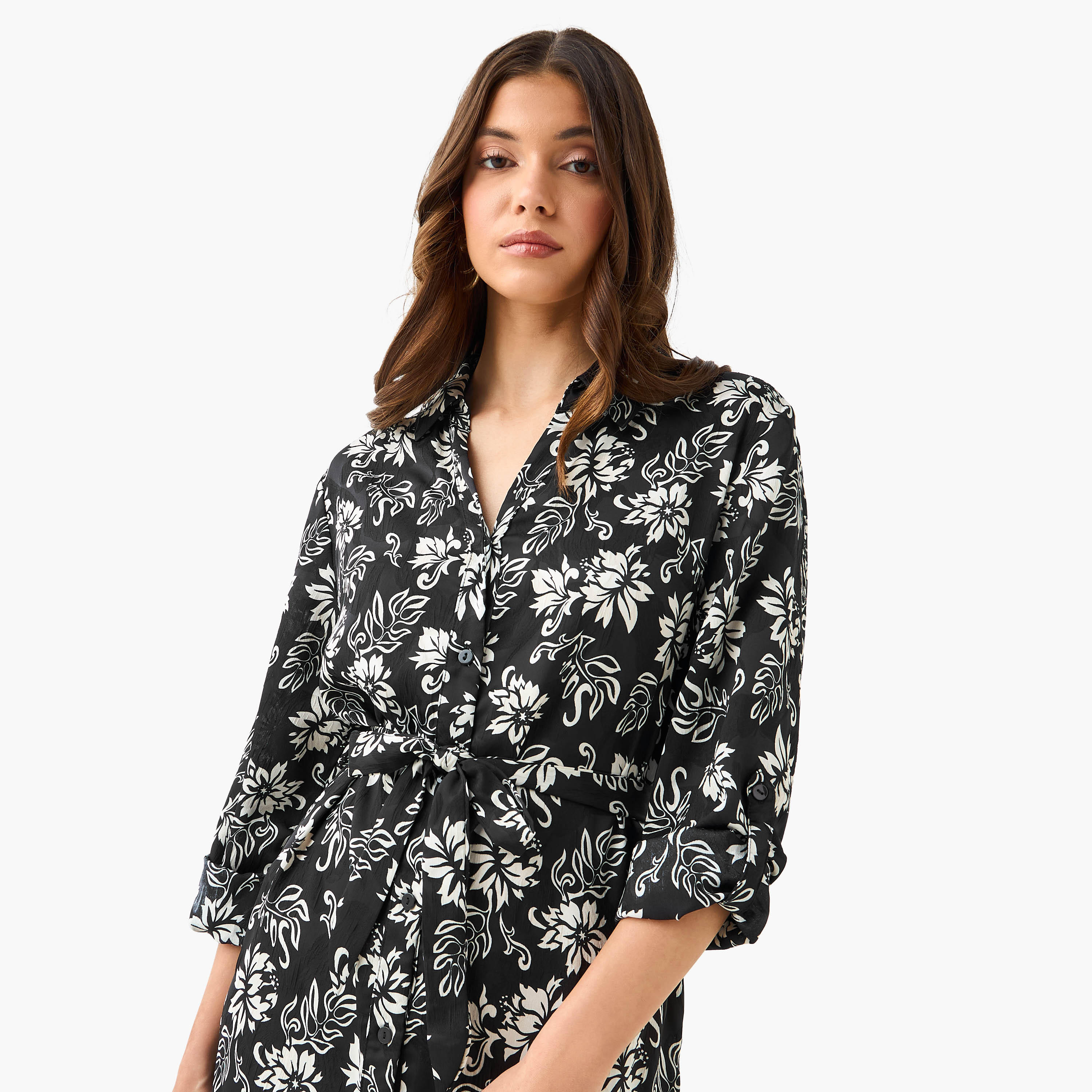 فستان قميص بطول الركبة وبحزام وطبعات زهرية-women-clothing-dresses-image-5
