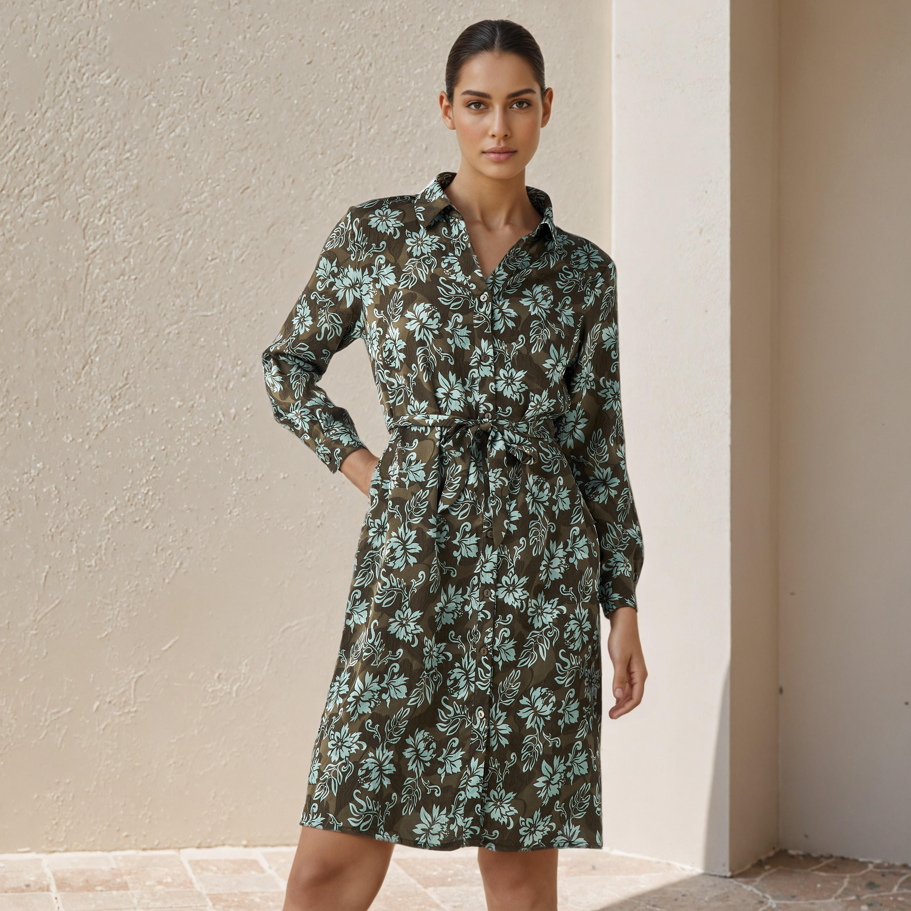 Knee Length Shirt Belted Dress with Floral Print-women-clothing-dresses-image-1