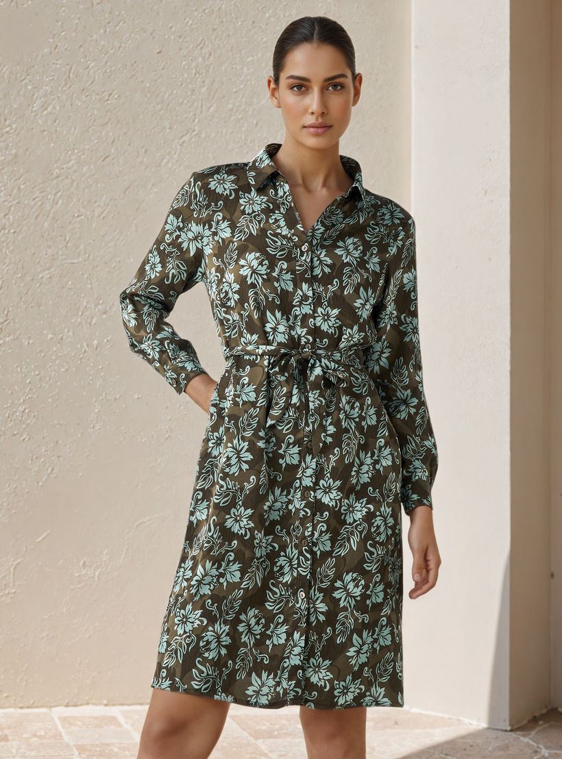 فستان قميص بطول الركبة وبحزام وطبعات زهرية-women-clothing-dresses-image-2
