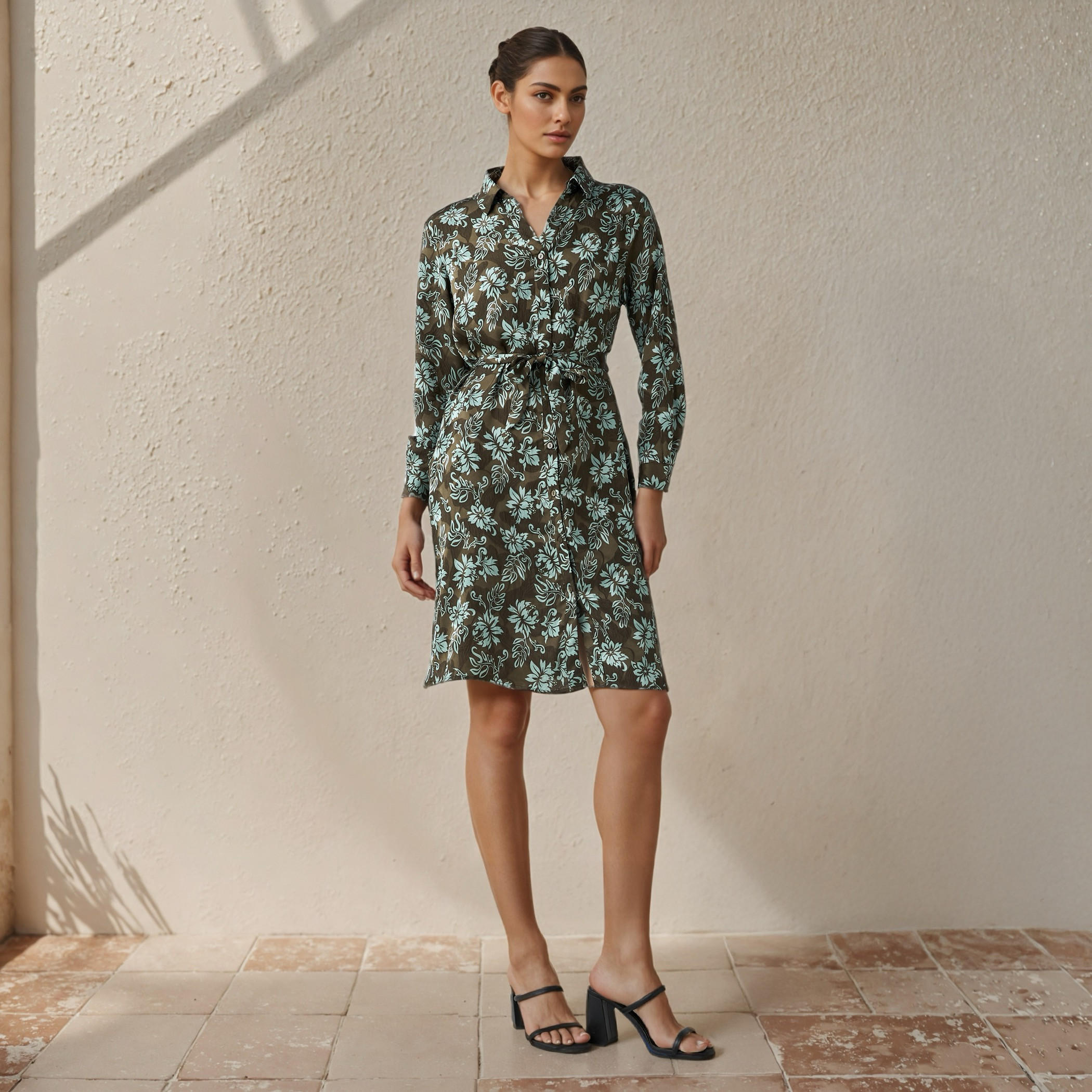 Knee Length Shirt Belted Dress with Floral Print-women-clothing-dresses-image-2