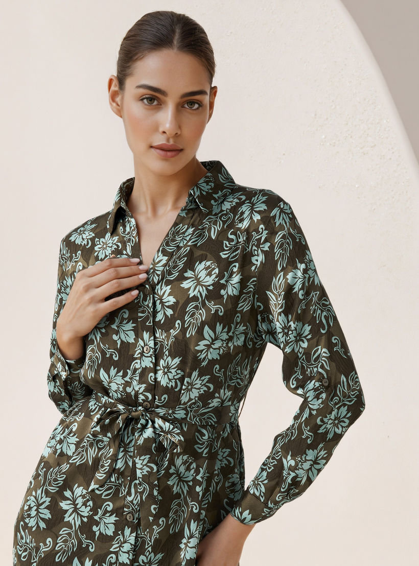 فستان قميص بطول الركبة وبحزام وطبعات زهرية-women-clothing-dresses-image-4