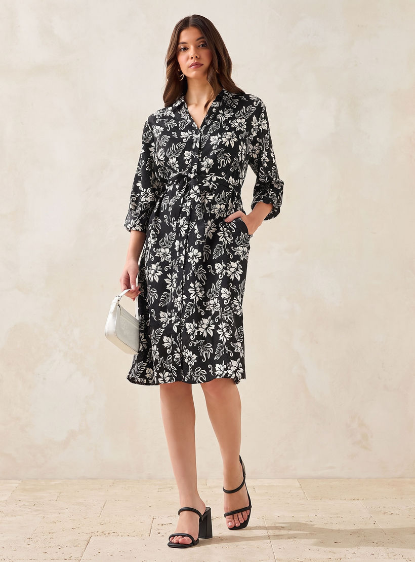 فستان قميص بطول الركبة وبحزام وطبعات زهرية-women-clothing-dresses-image-1