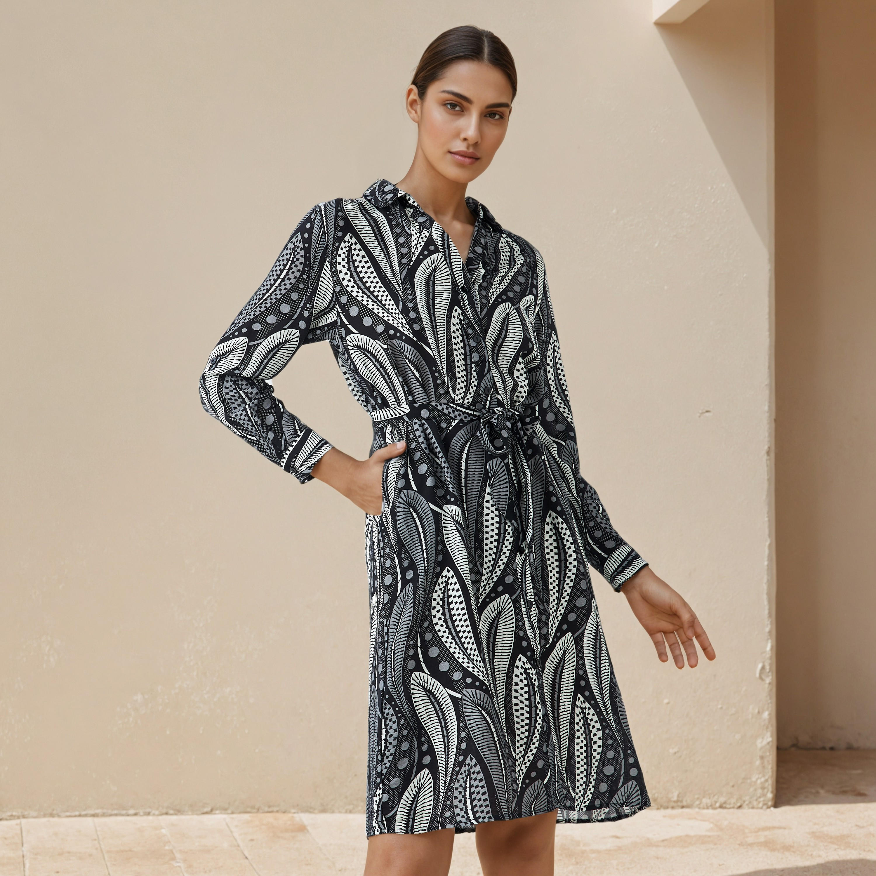 Printed Knee Length Shirt Belted Dress-women-clothing-dresses-image-1