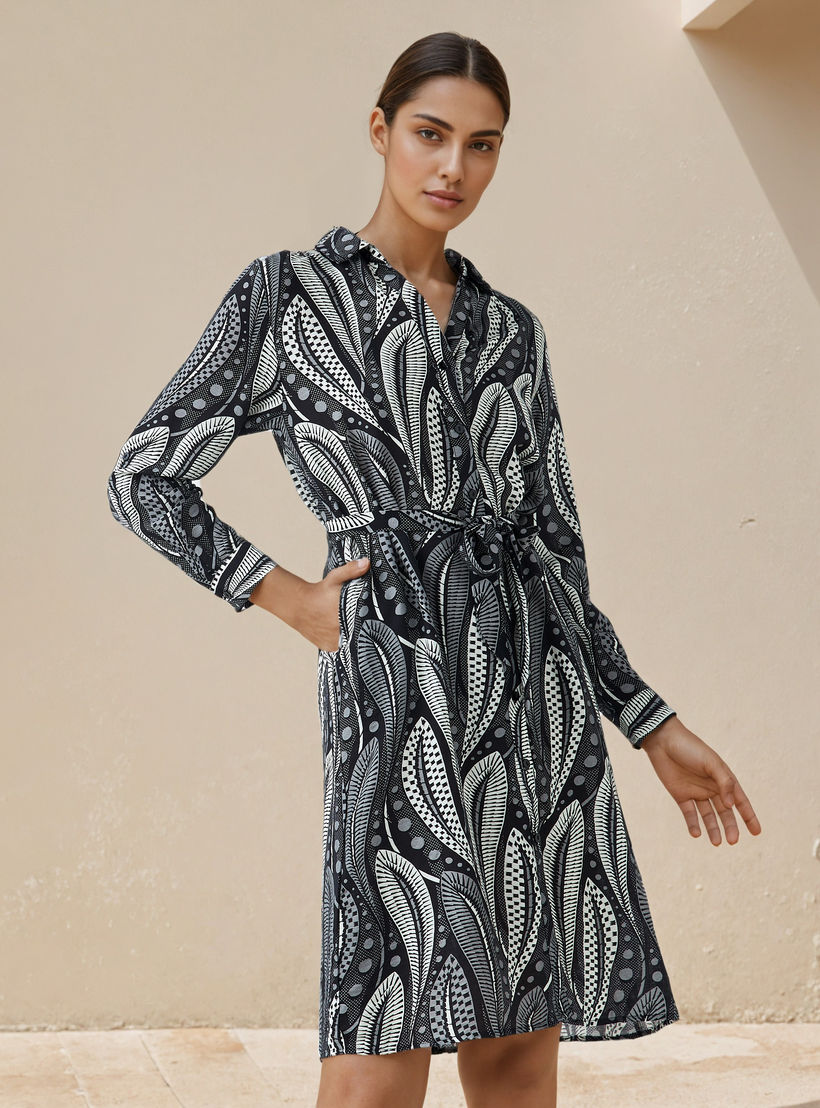 Printed Knee Length Shirt Belted Dress-women-clothing-dresses-image-1
