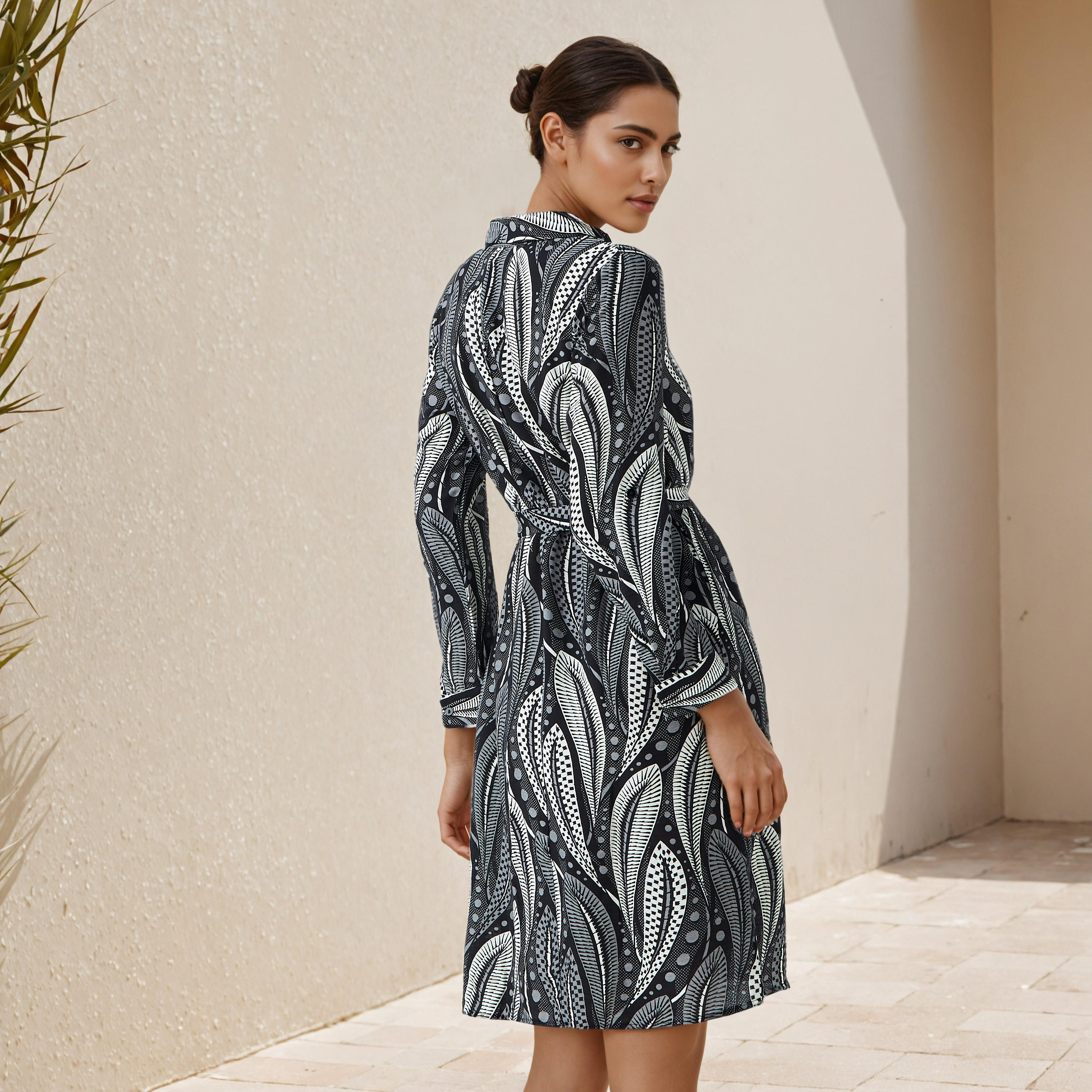 Printed Knee Length Shirt Belted Dress-women-clothing-dresses-image-3